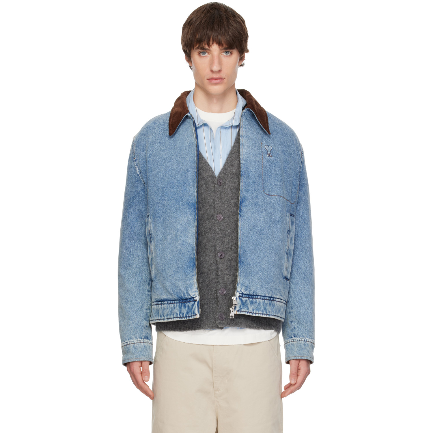 AMI Paris Vlue Zipped Ami de Coeur Velvet Collar Denim Jacket