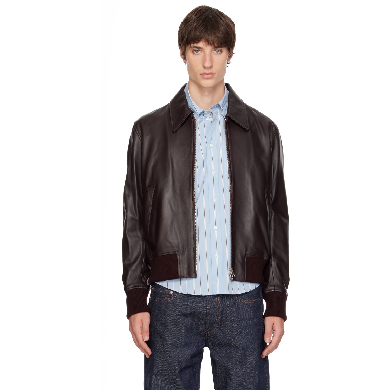 AMI Paris Brown Lamb Leather Zipped Jacket