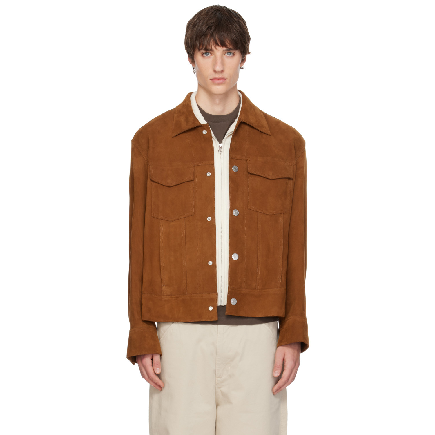 AMI Paris Tan Leather Trucker Jacket