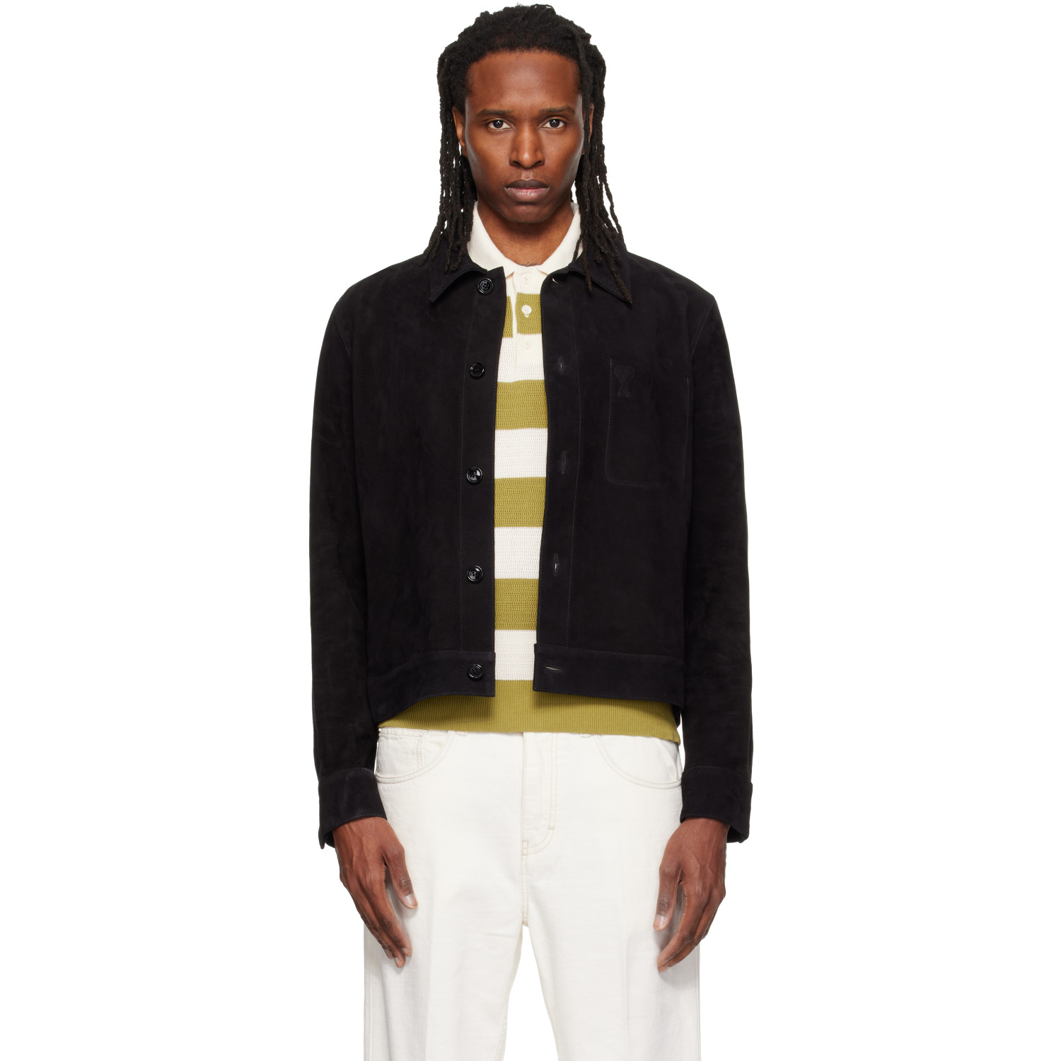 AMI Paris Black Embossed Ami de Coeur Suede Leather Jacket