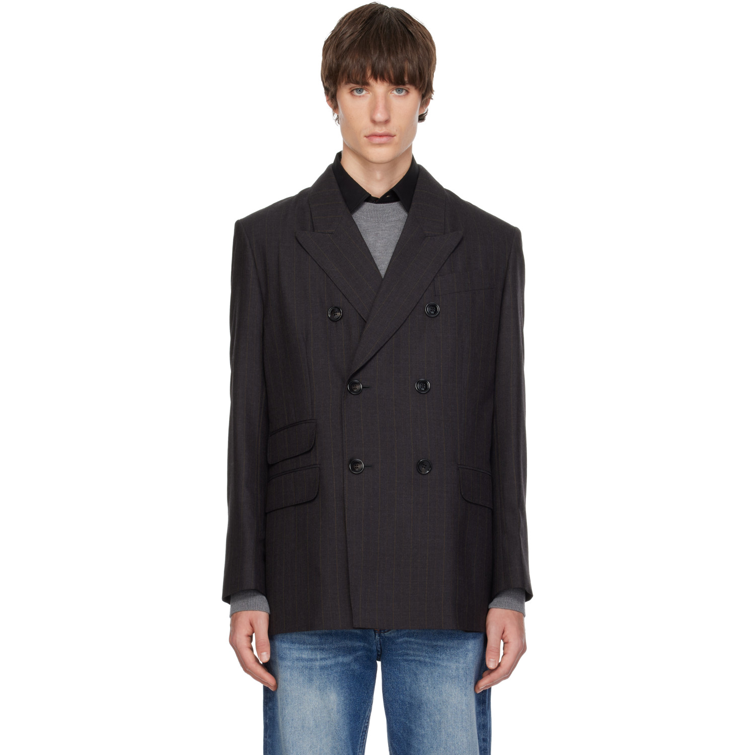 AMI Paris Gray Double-Breasted Striped Wool Blazer