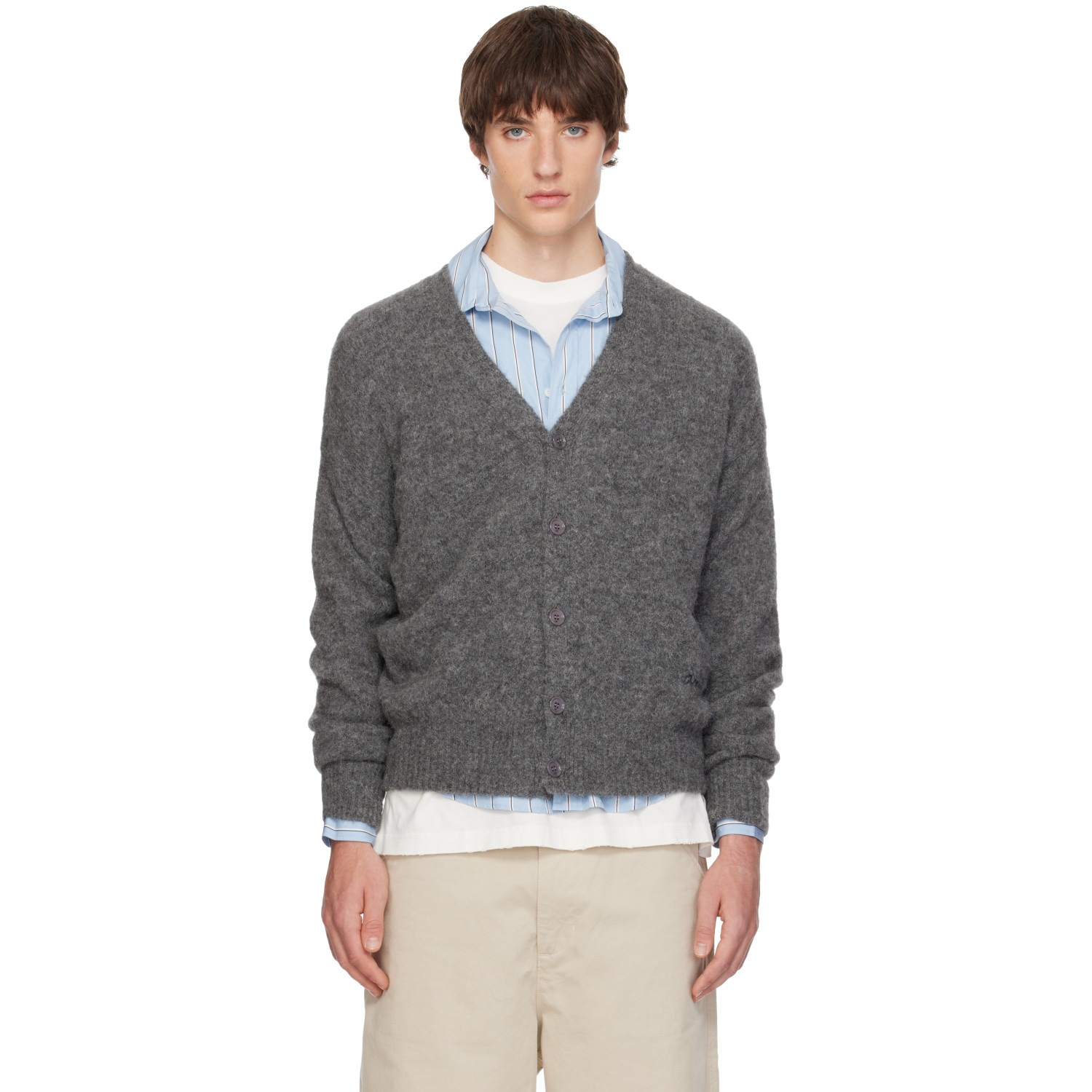 AMI Paris Gray V-Neck Ami Cardigan