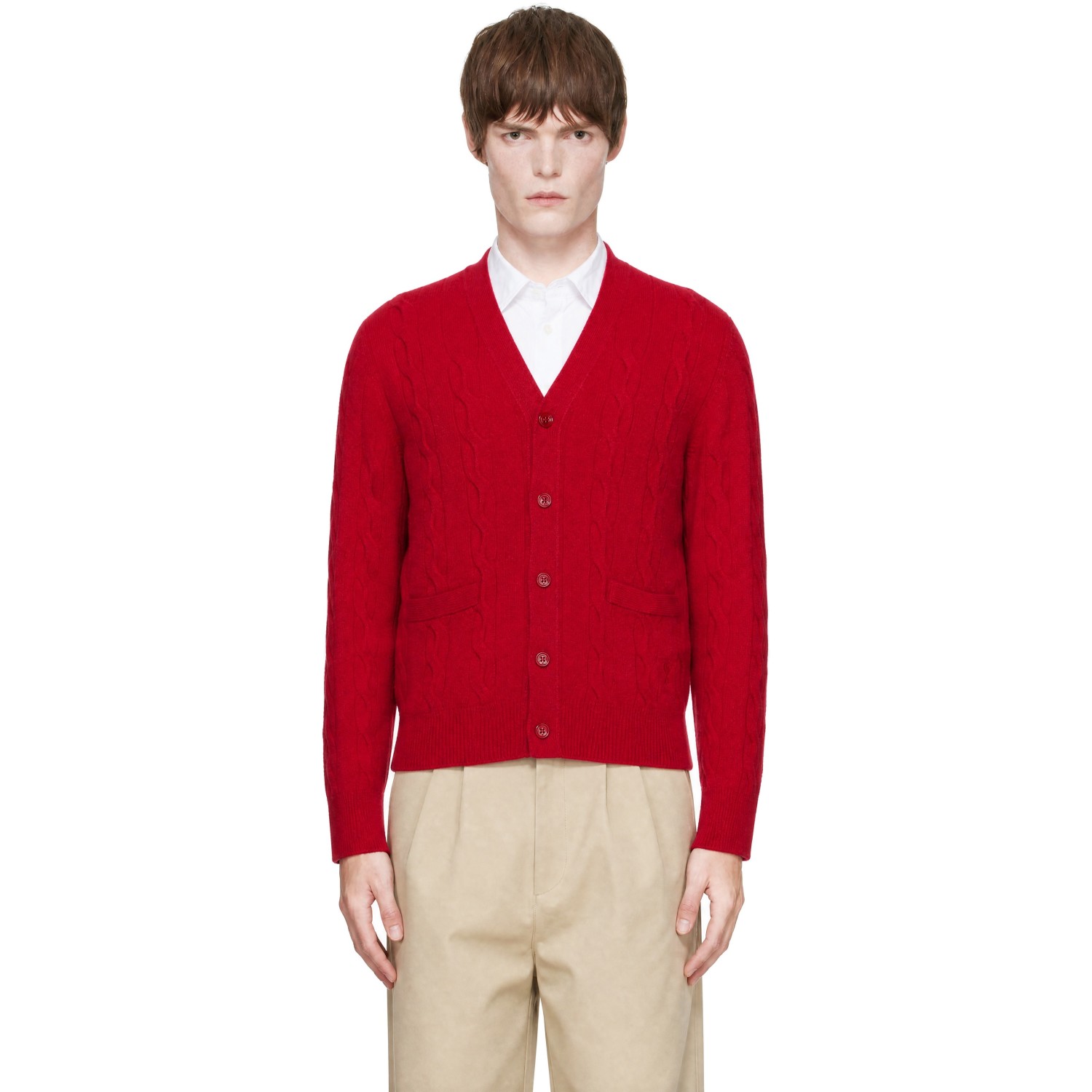 AMI Paris Red Cable Wool Cardigan