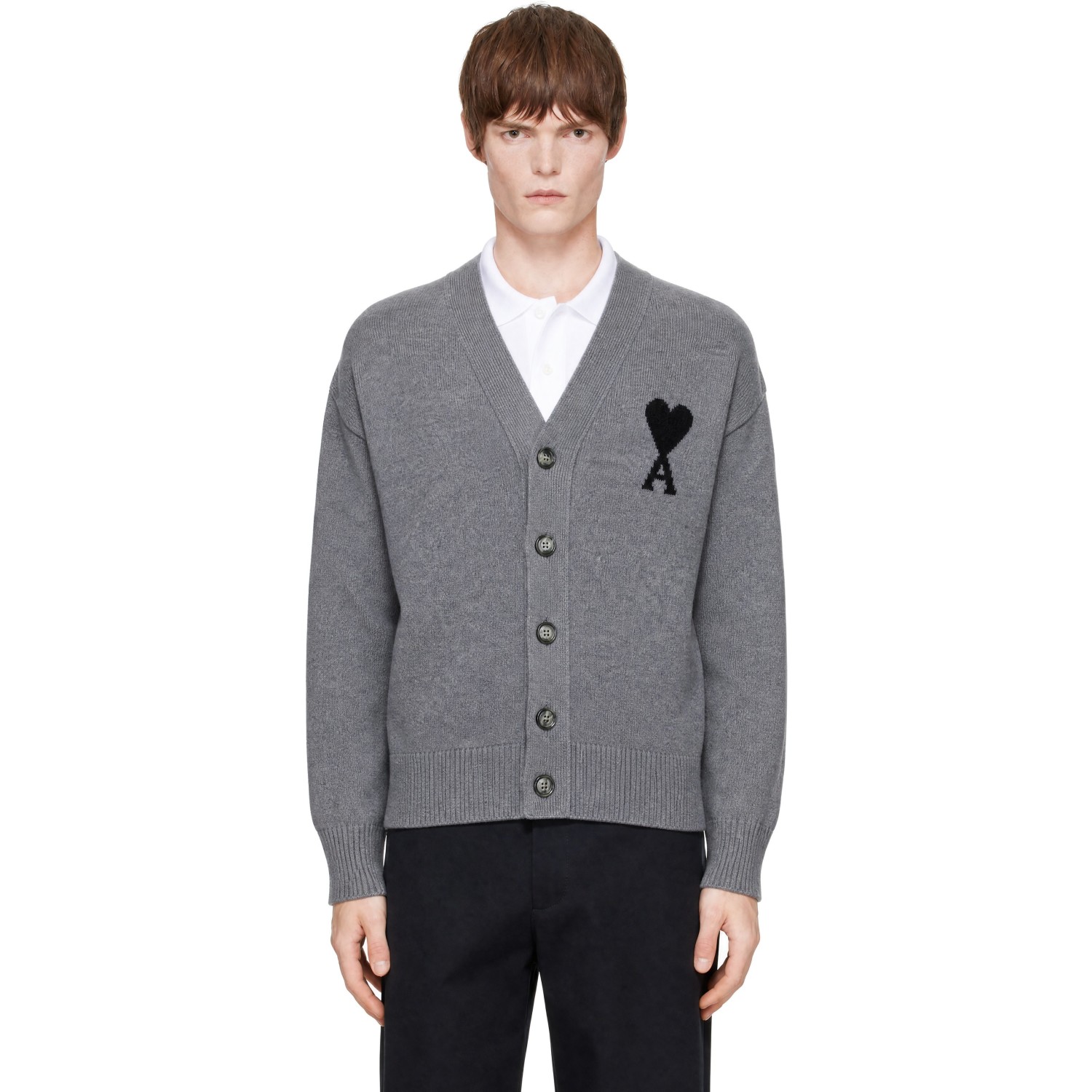 AMI Paris Gray V-Neck Ami de Coeur Cardigan