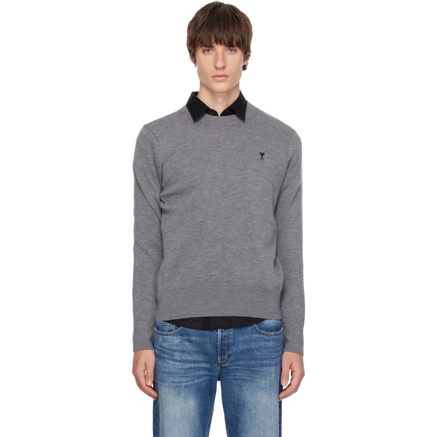 AMI Paris Gray Crewneck Wool Ami de Coeur Sweater