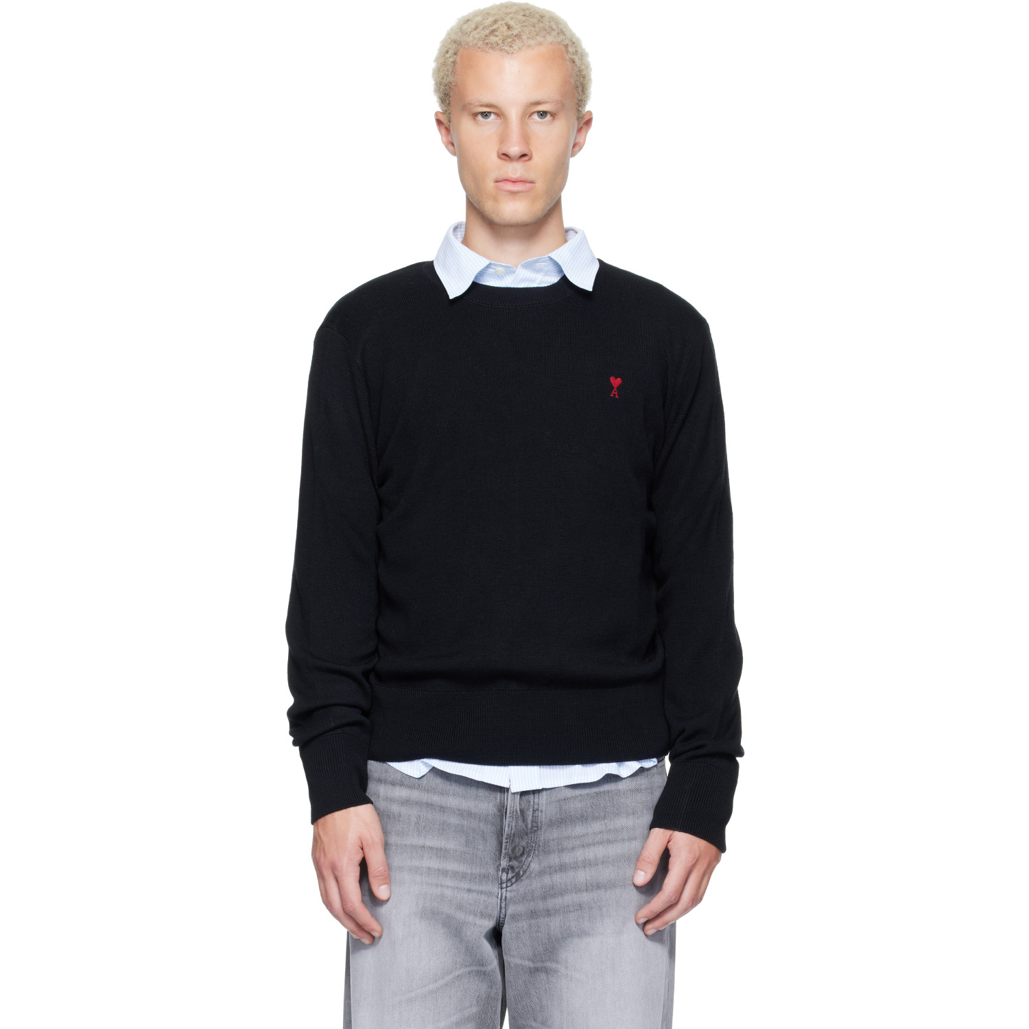 AMI Paris Black Crewneck Wool Ami de Coeur Sweater