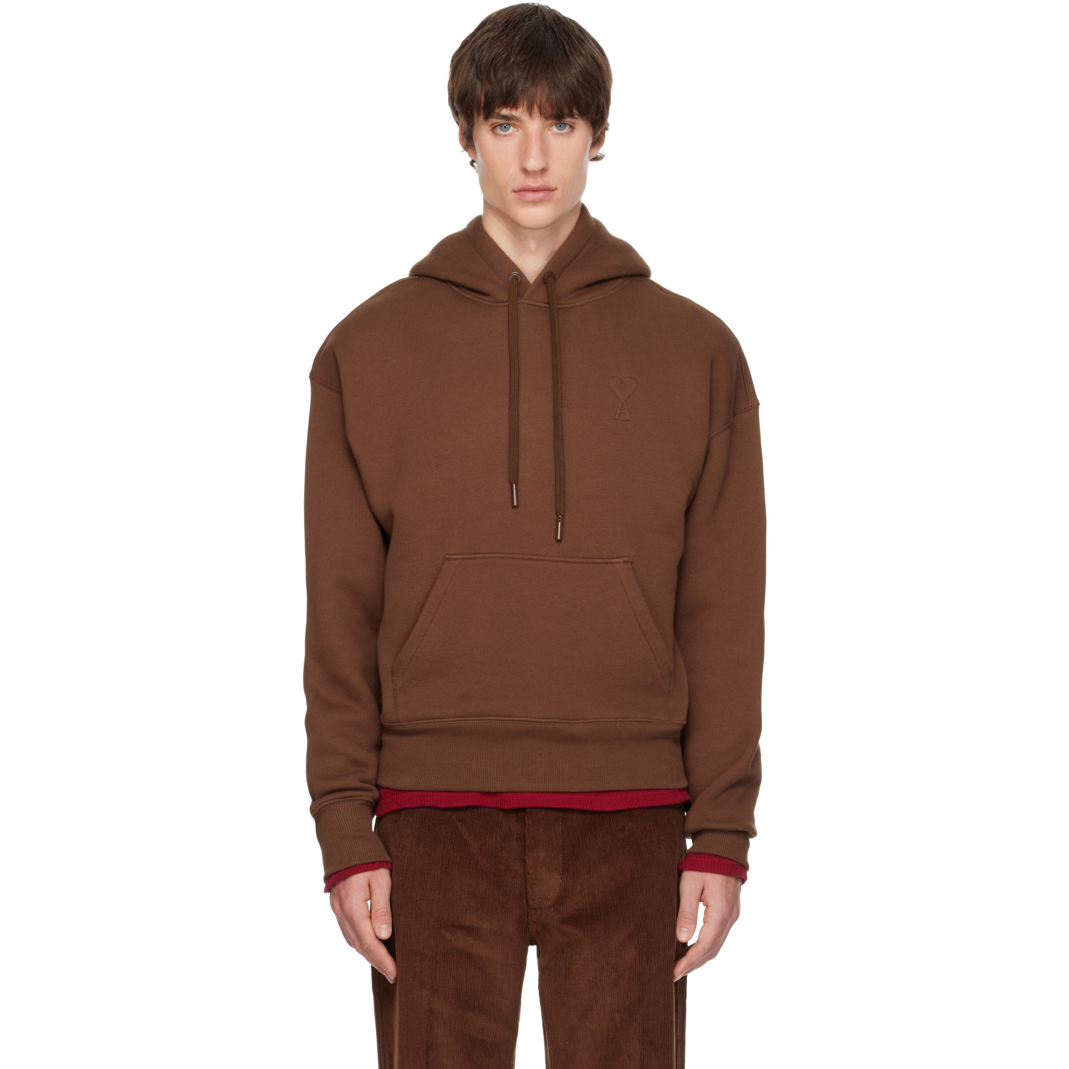 AMI Paris Brown Cotton Embossed Ami de Coeur Hoodie