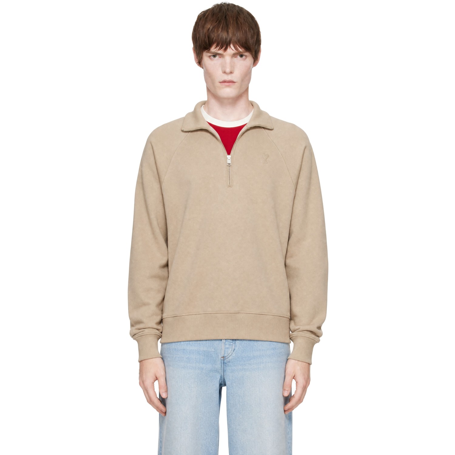 AMI Paris Beige Cotton Zipped Embossed Ami de Coeur Sweatshirt
