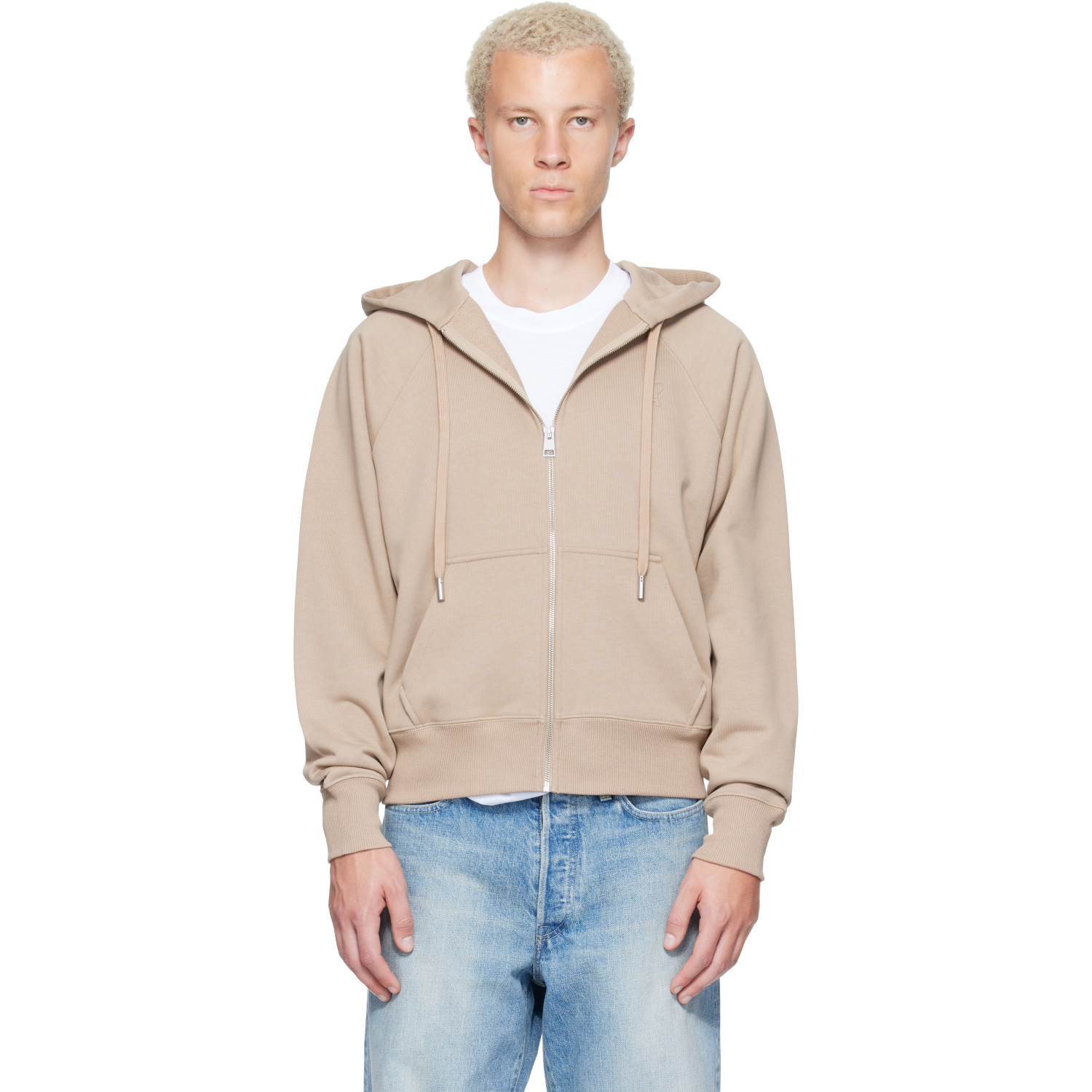 AMI Paris Beige Zipped Cotton Embossed Ami de Coeur Hoodie