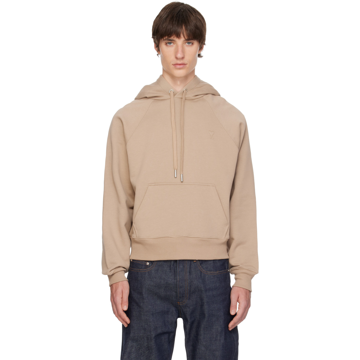 AMI Paris Beige Cotton Embossed Ami de Coeur Hoodie