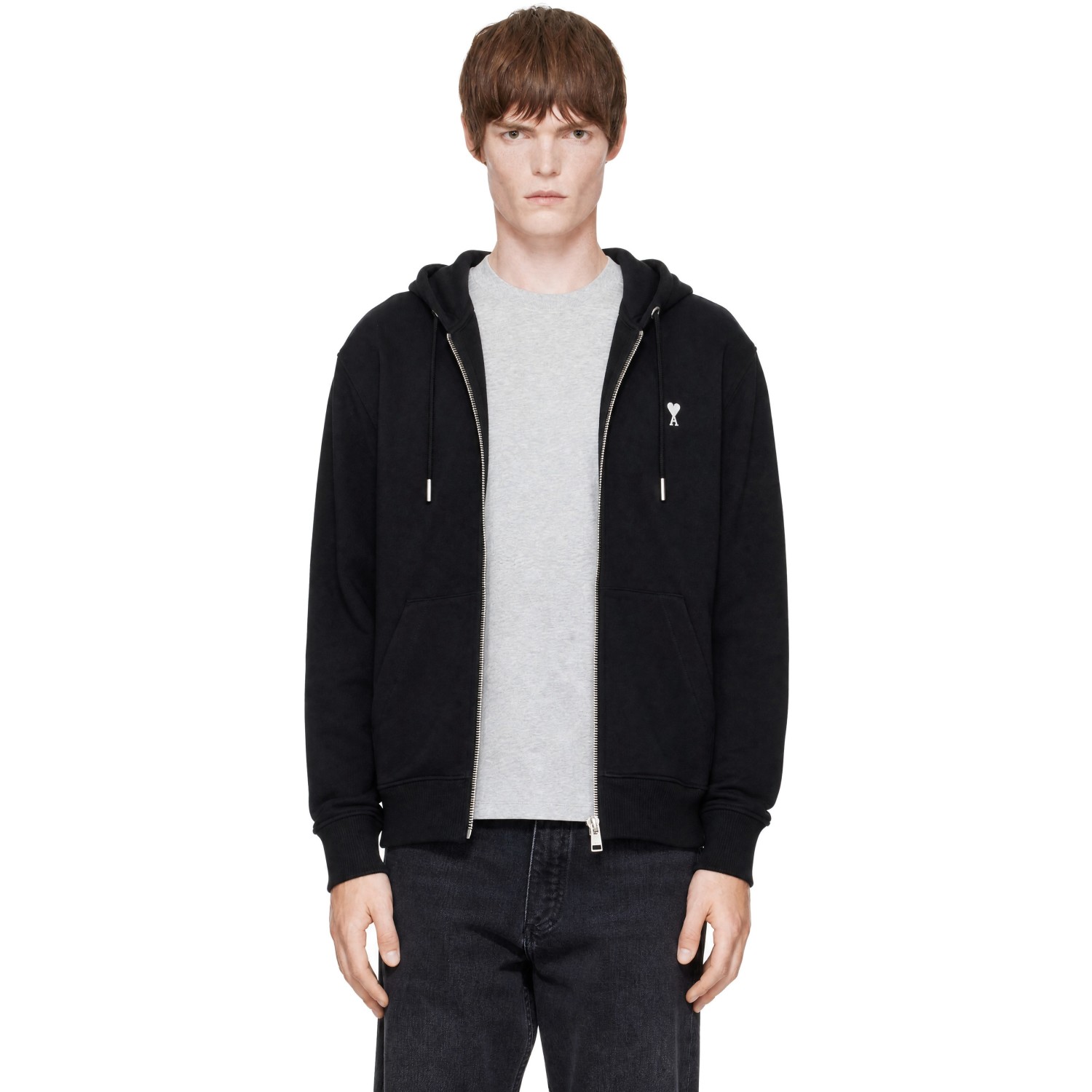 AMI Paris Black Cotton Ami de Coeur Zipped Hoodie