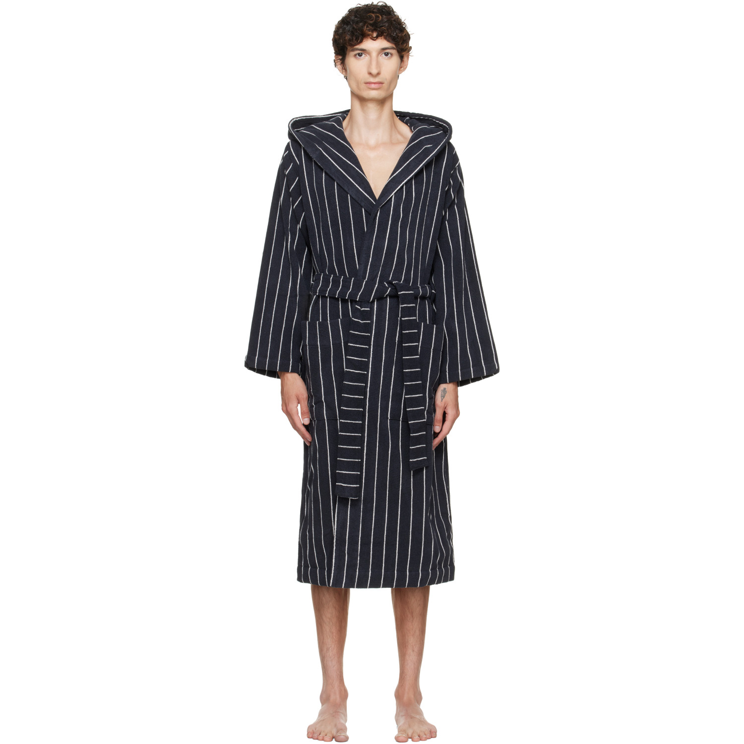 Tekla Black & White Terry Hooded Bathrobe
