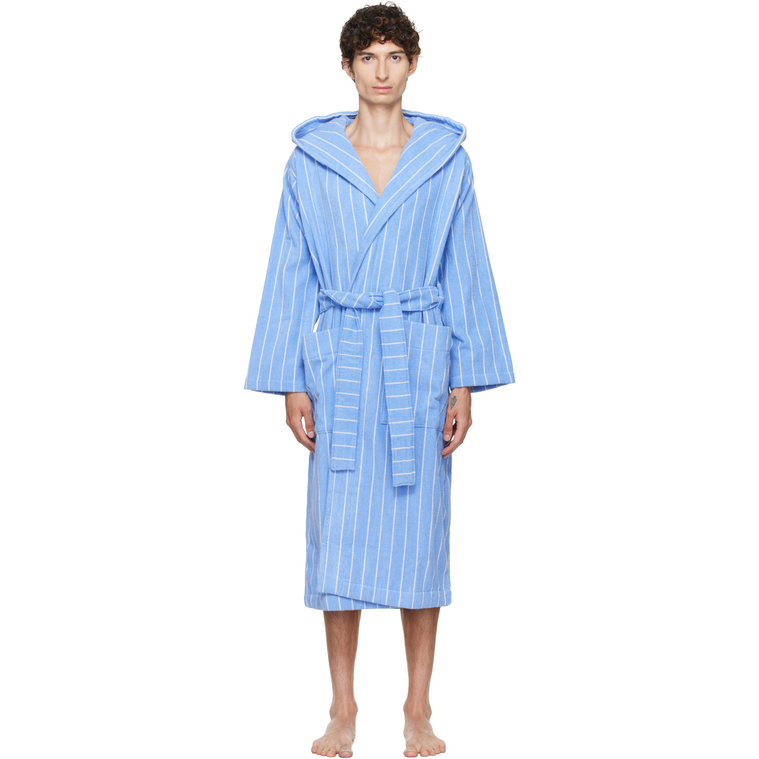 Tekla Blue & White Terry Hooded Bathrobe