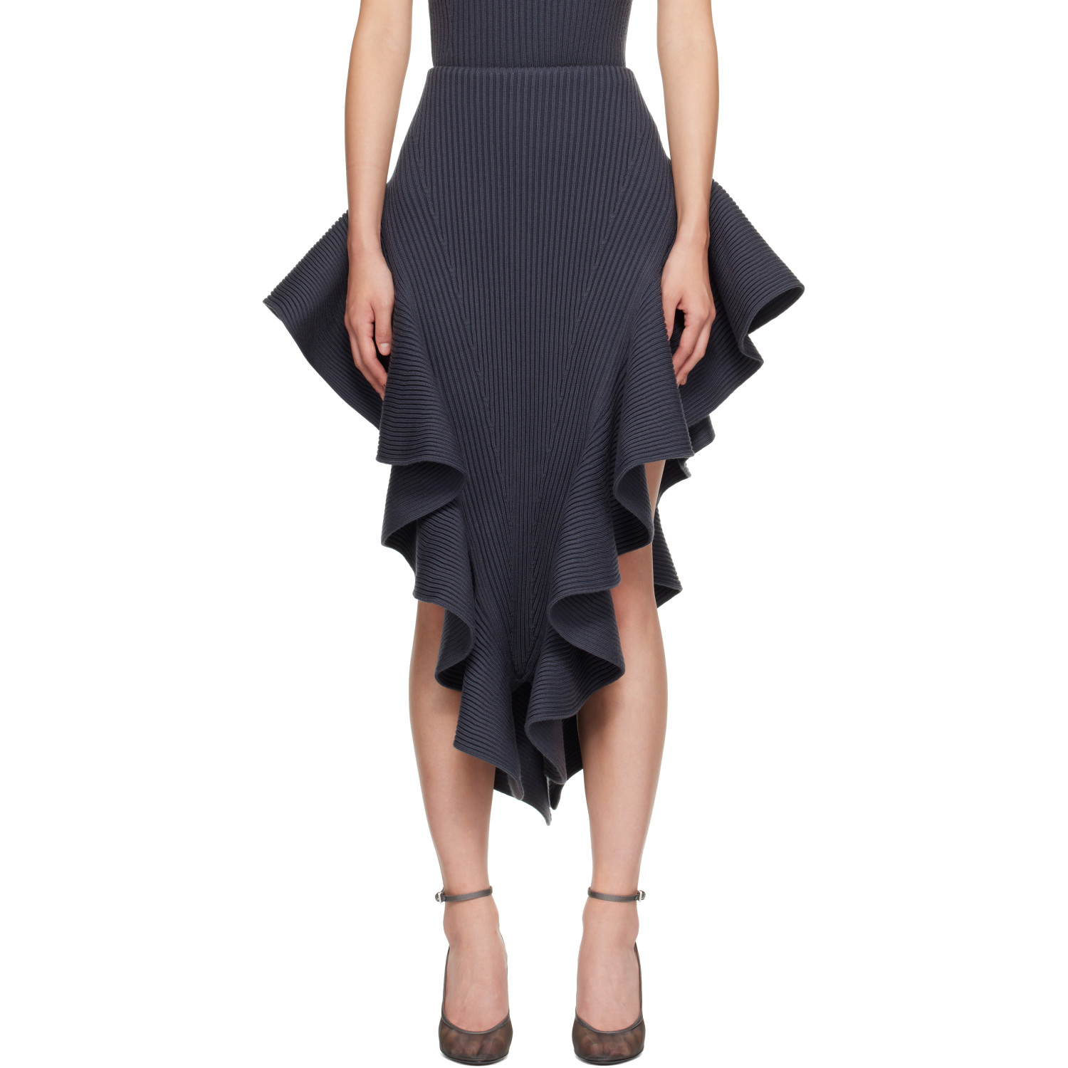 ALAÏA Gray Ribbed Ruffle Midi Skirt