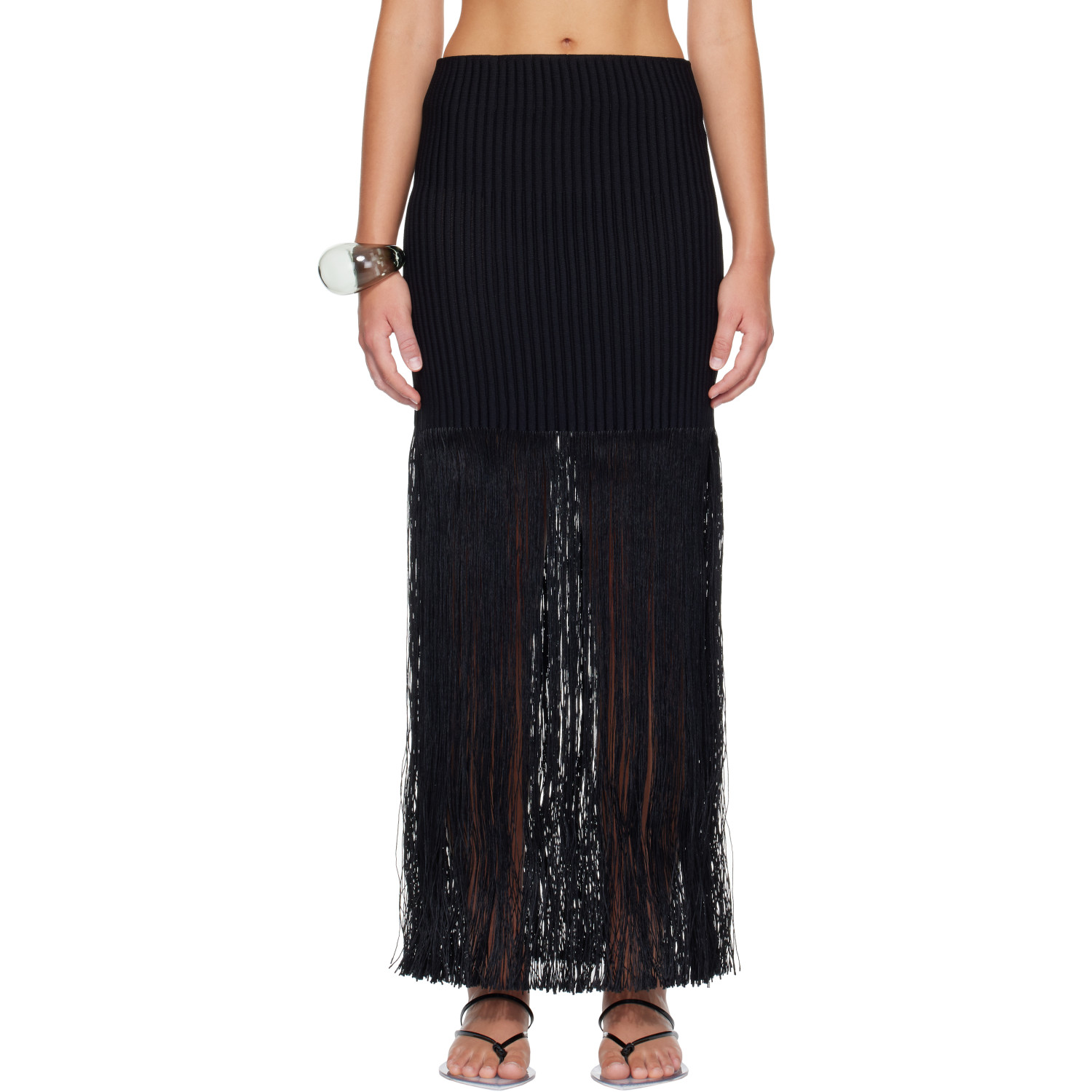 ALAÏA Black Fringed Tube Maxi Skirt