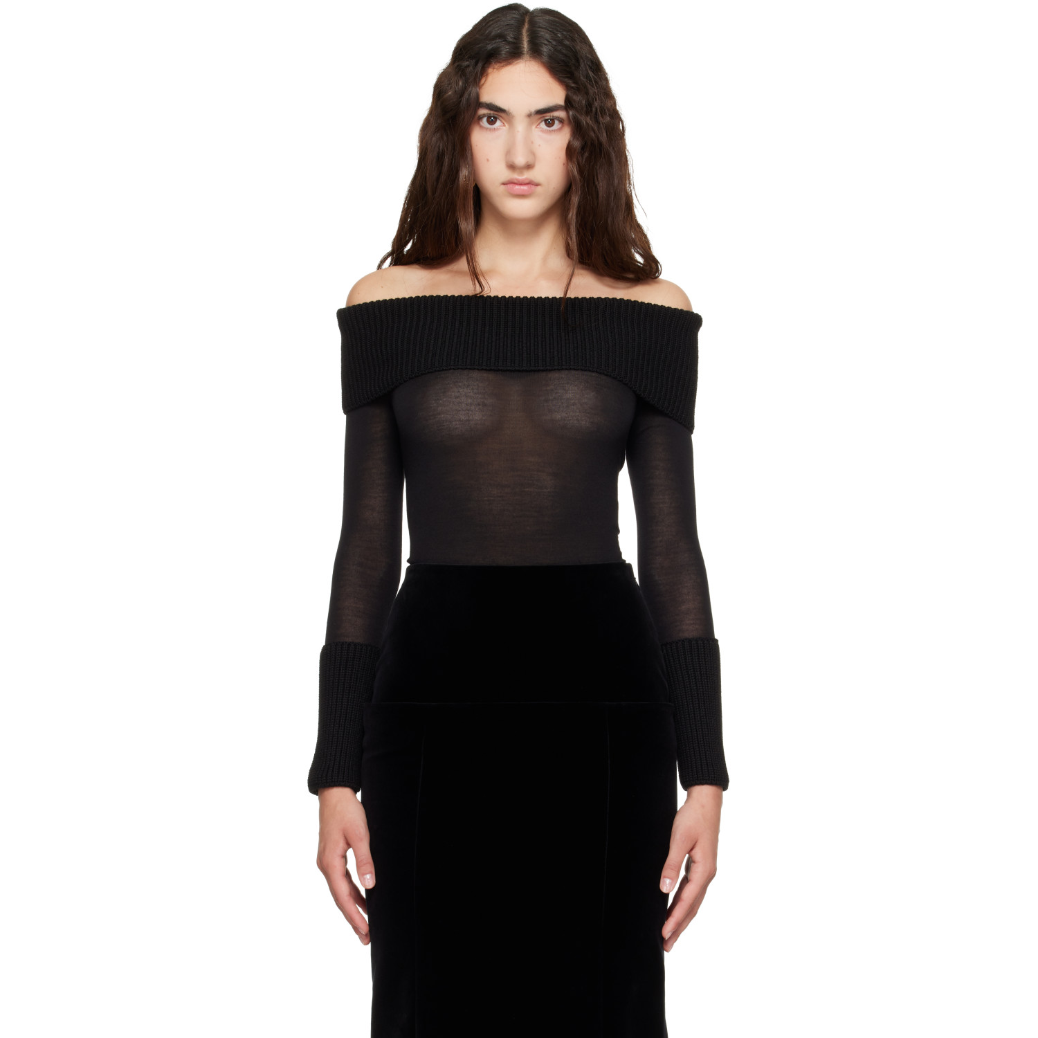 ALAÏA Black Off-Shoulder Wool Bodysuit