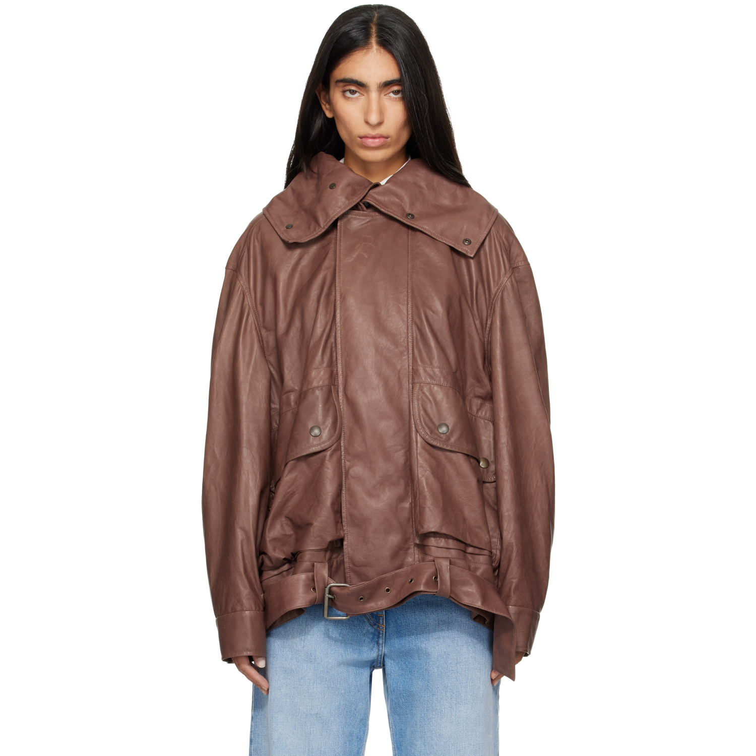Calvin Klein Collection Brown Isa Leather Flight Jacket