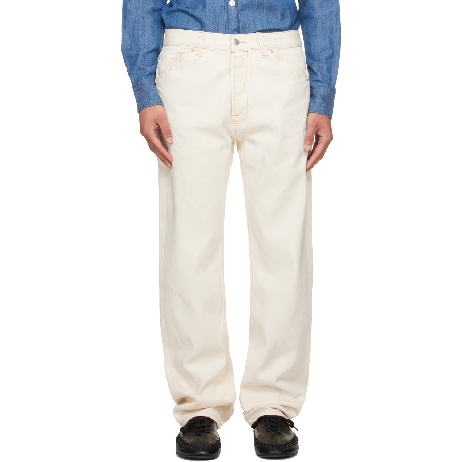 Drake's Off-White Contrast Stich Five-Pocket Selvedge Denim Jeans