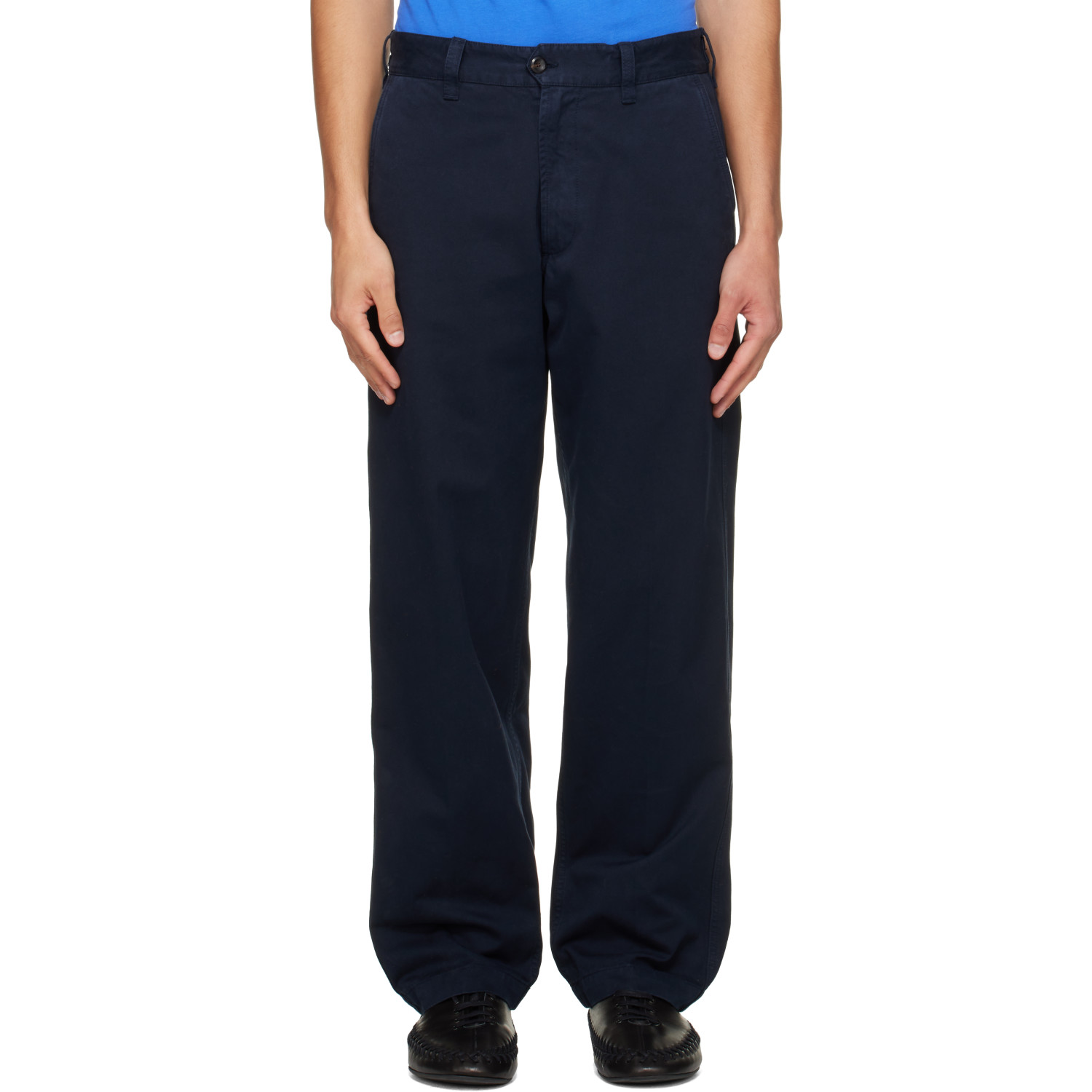 Drake's Navy Heavy Cotton Flat Front Trousers