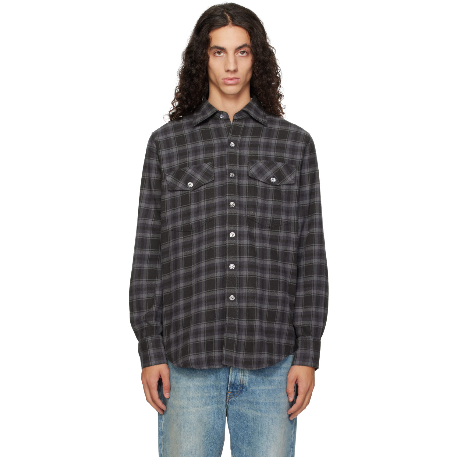 Drake's Gray Check Cotton-Silk Work Shirt