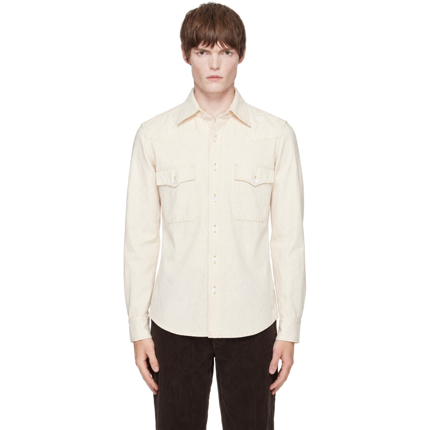 Drake's Off-White Western Selvedge Denim Stone Wash Shirt