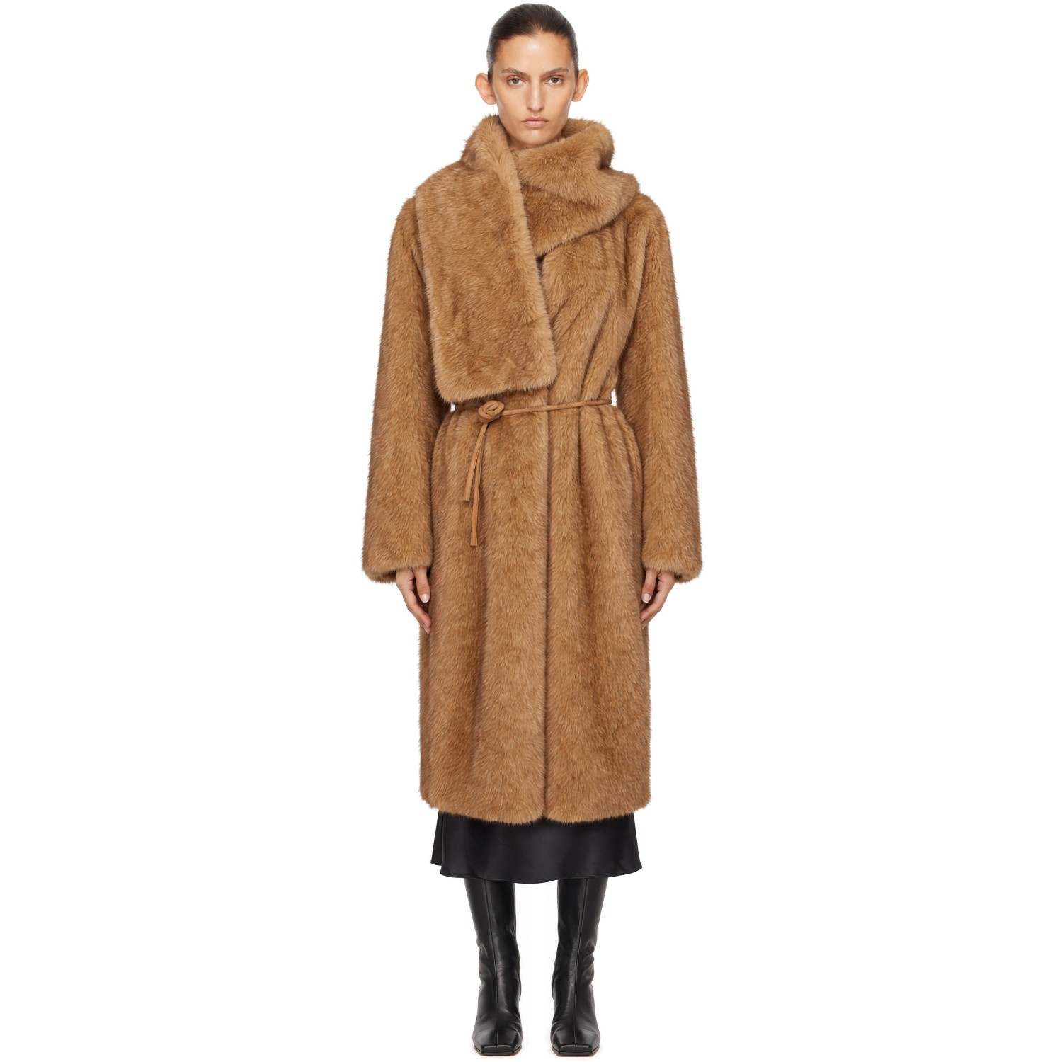 LE17SEPTEMBRE Brown Collarless Faux-Fur Muffler Coat