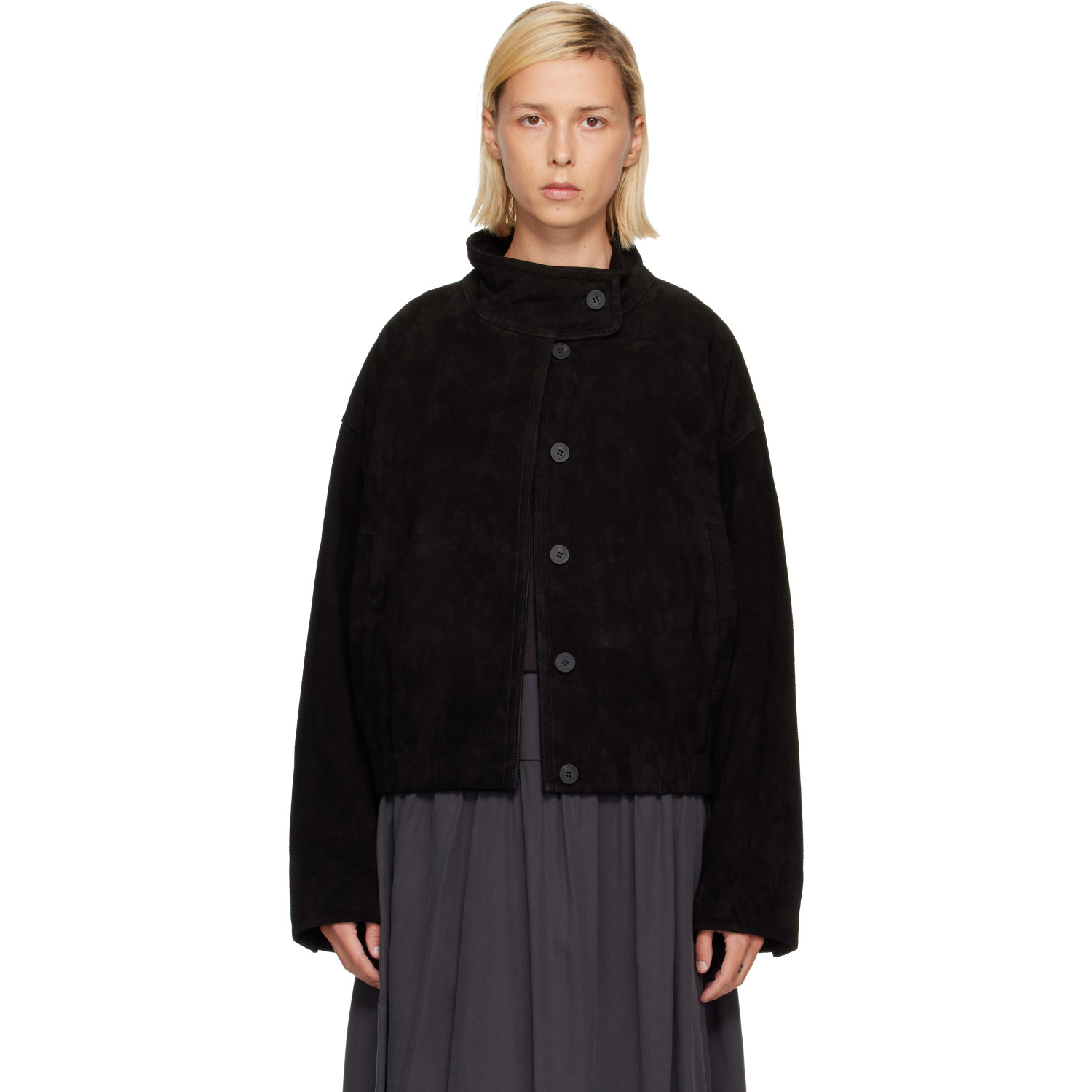 LE17SEPTEMBRE Black Funnel Neck Suede Jacket