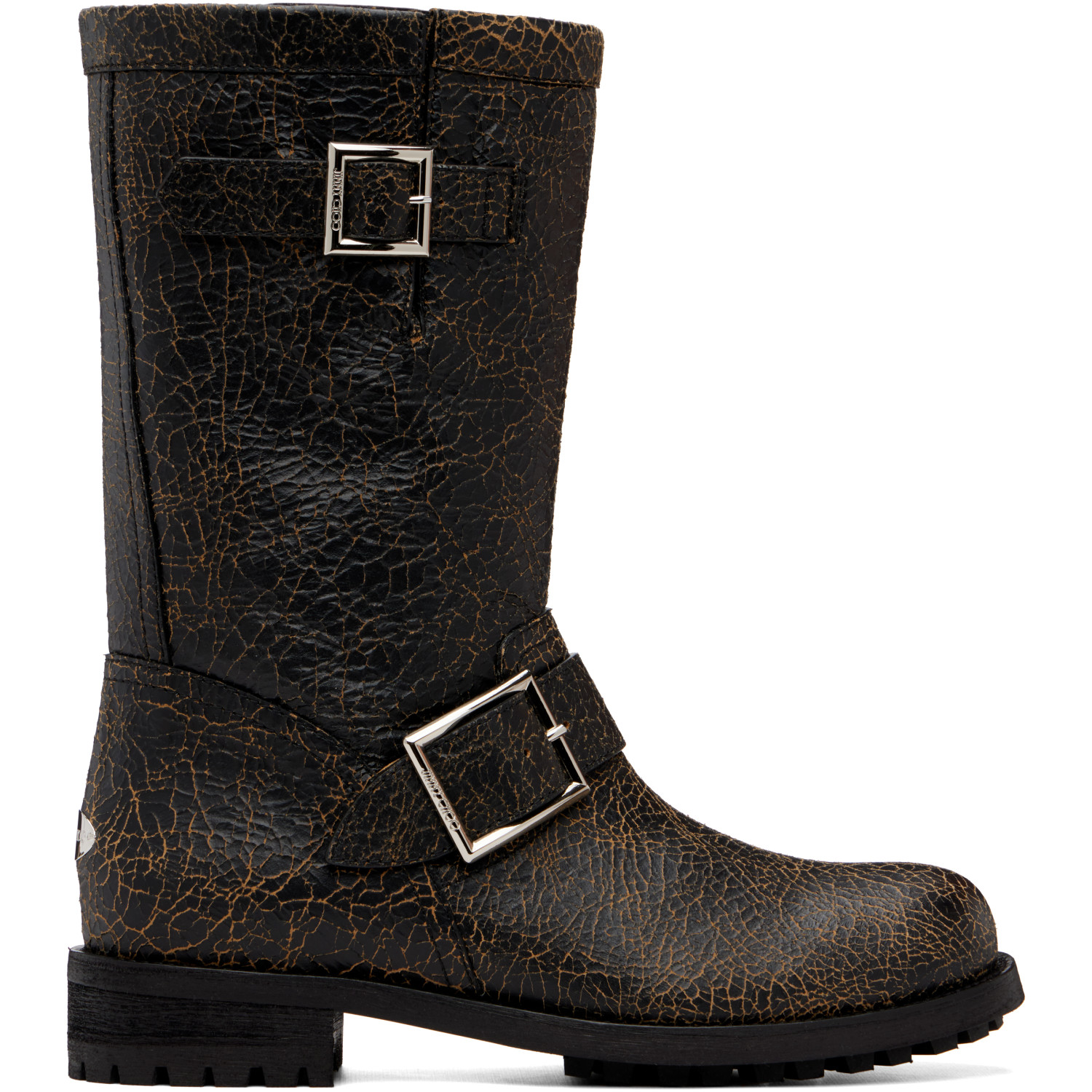 Jimmy Choo Black Biker Midcrackled Leather Boots