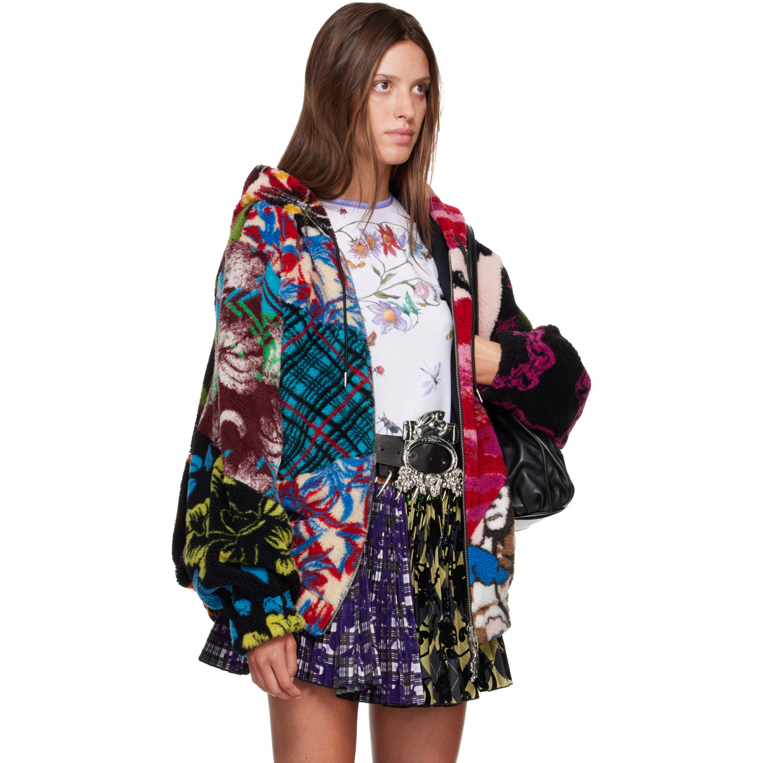 CHOPOVA LOWENA 멀티컬러 패치워크 오버사이즈 후드 플리스 자켓