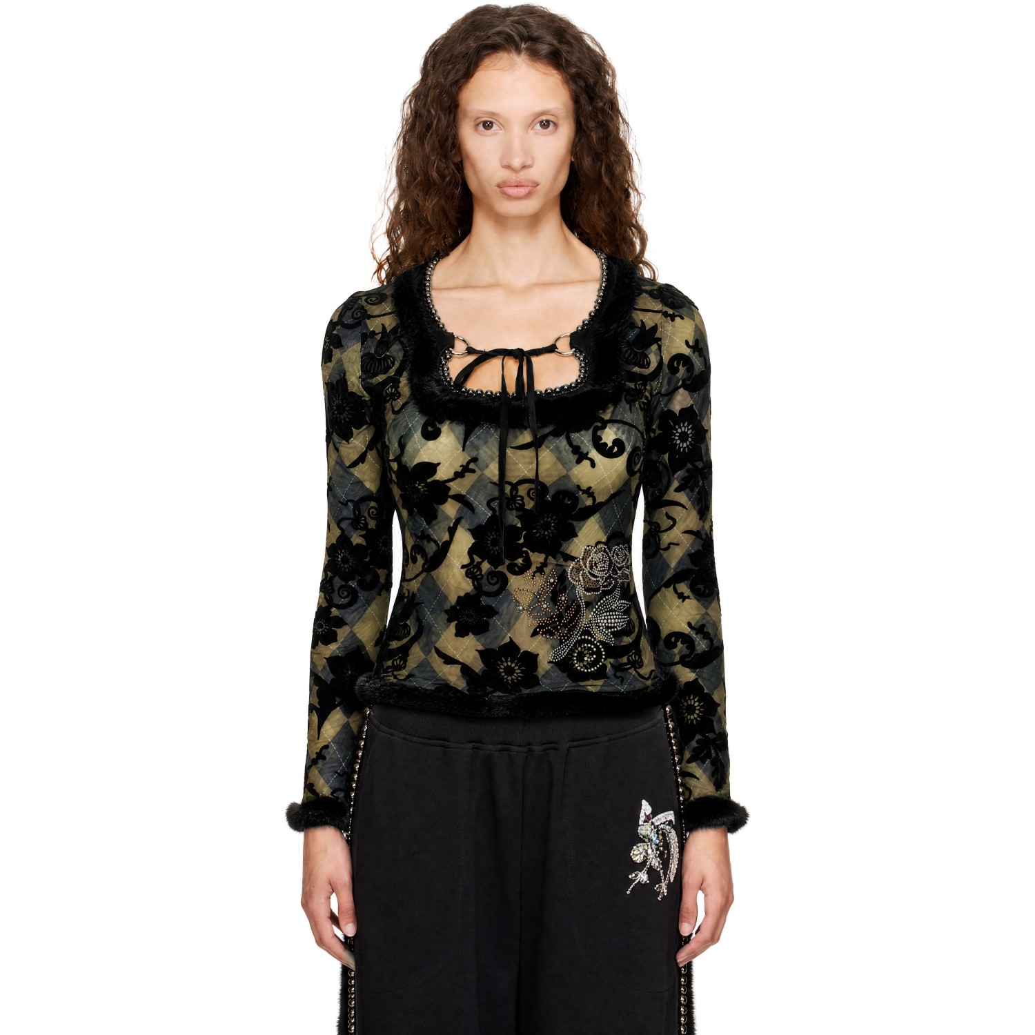 Chopova Lowena Black & Green Dew Sweeper Mesh Blouse