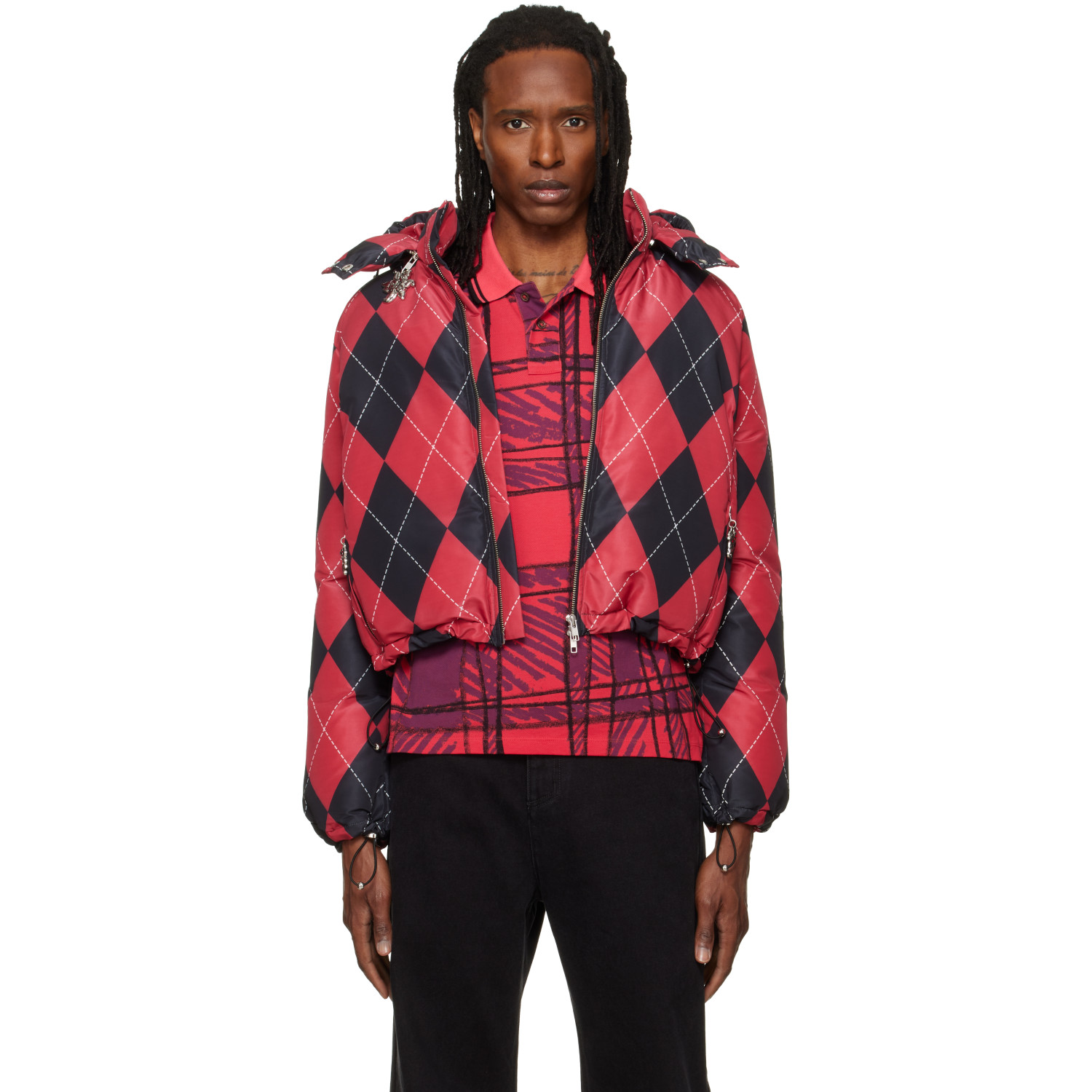 Chopova Lowena Red Argyle Puffer Jacket