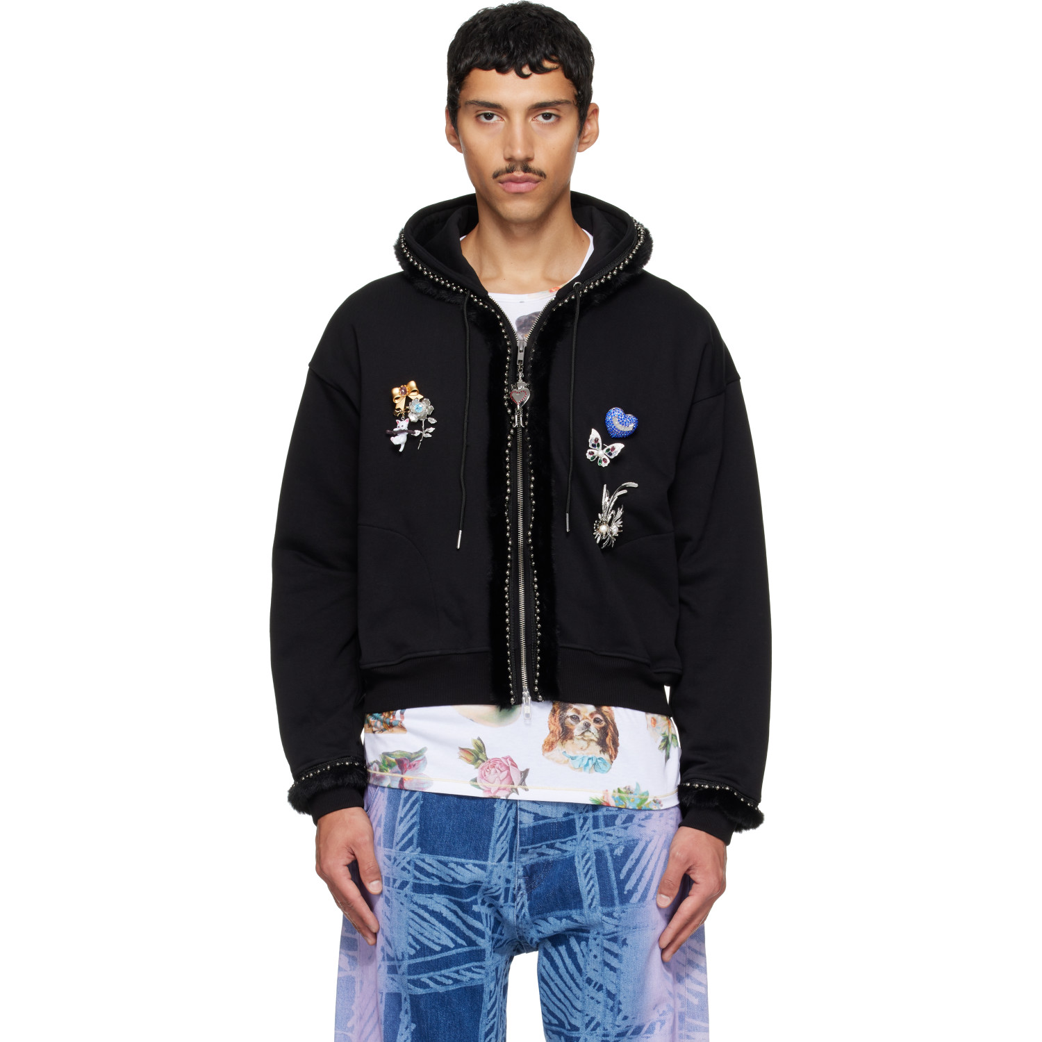 Chopova Lowena Black Fuzzy Pearl Zip Hoodie