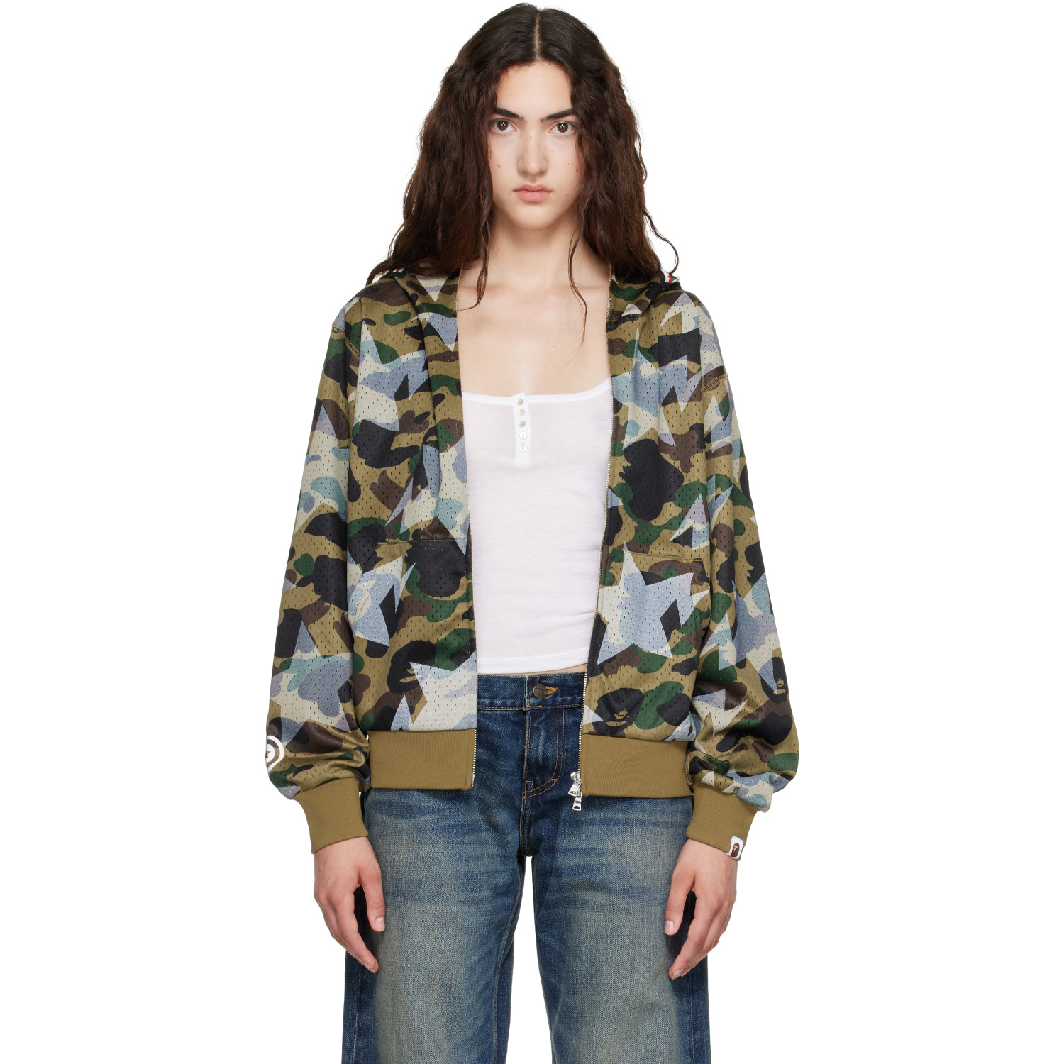 BAPE Green Camo Mesh Shark Cropped Fit Full Zip Hoodie