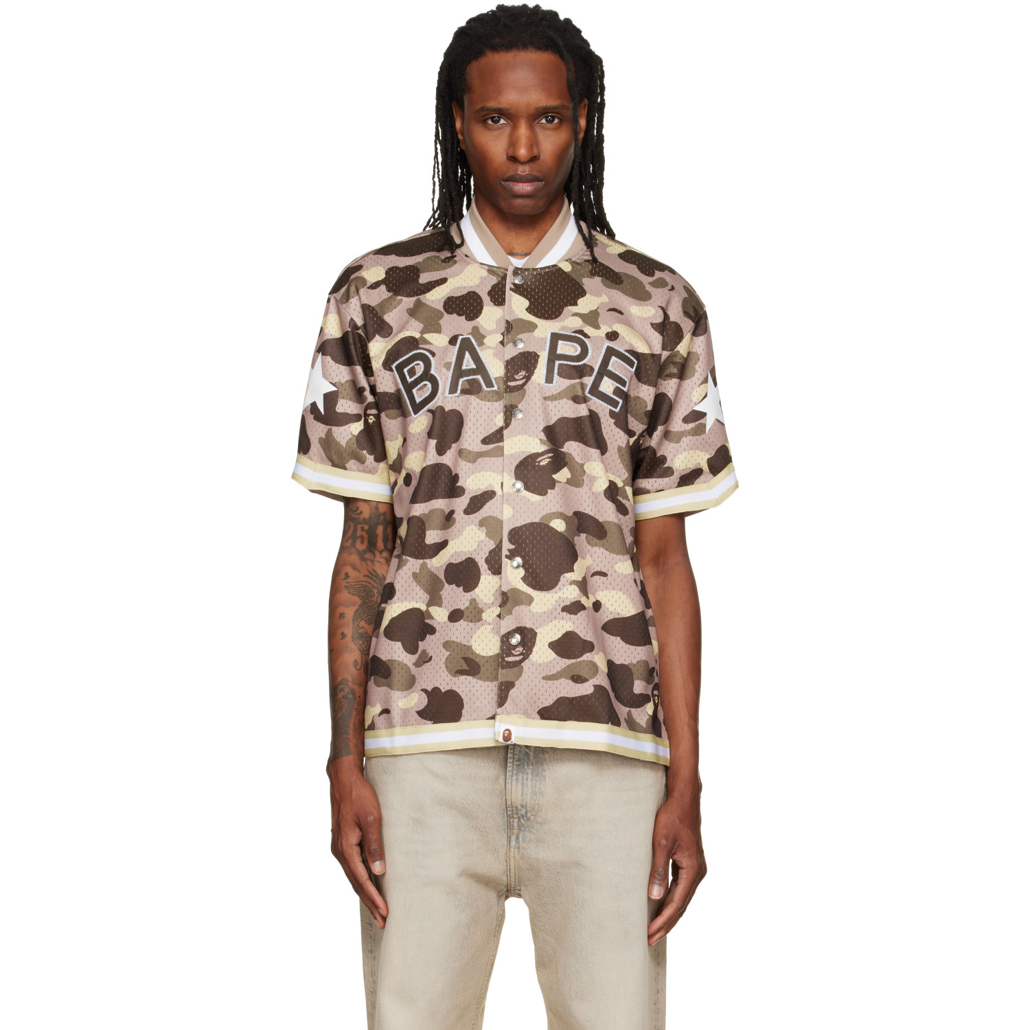 BAPE Brown Color Camo Mesh Warm Up Relaxed Fit Shirt