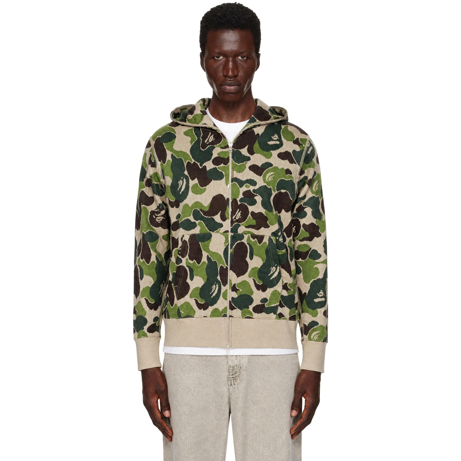 Bape 베이지 카키 ABC 카모 자카드 집업 후드