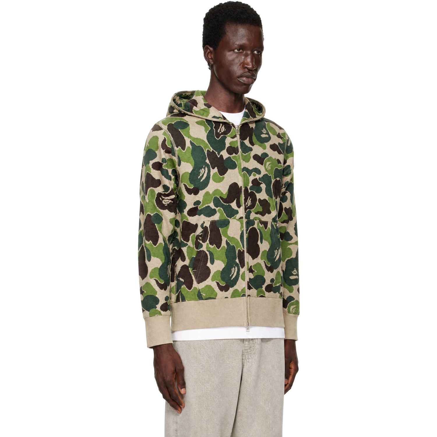 Bape 베이지 카키 ABC 카모 자카드 집업 후드