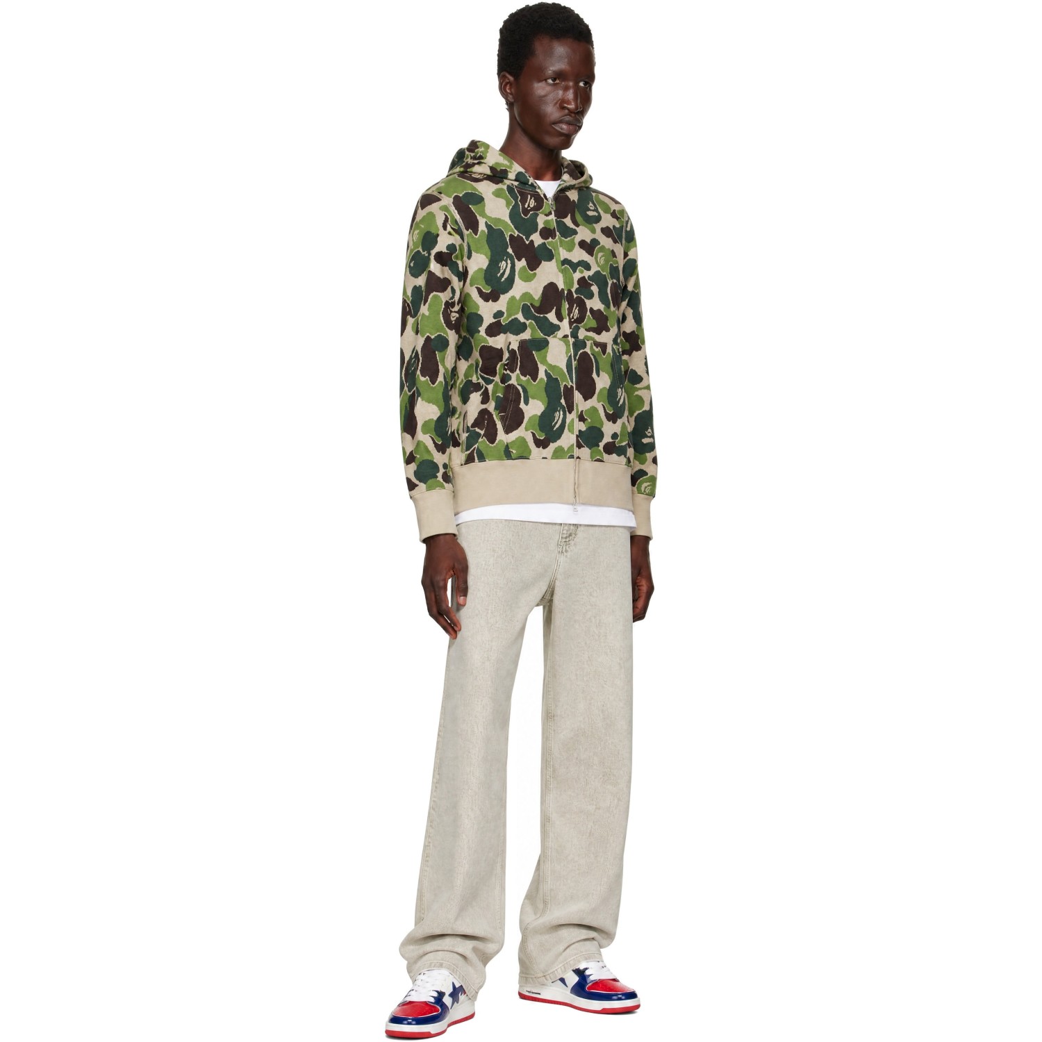 Bape 베이지 카키 ABC 카모 자카드 집업 후드