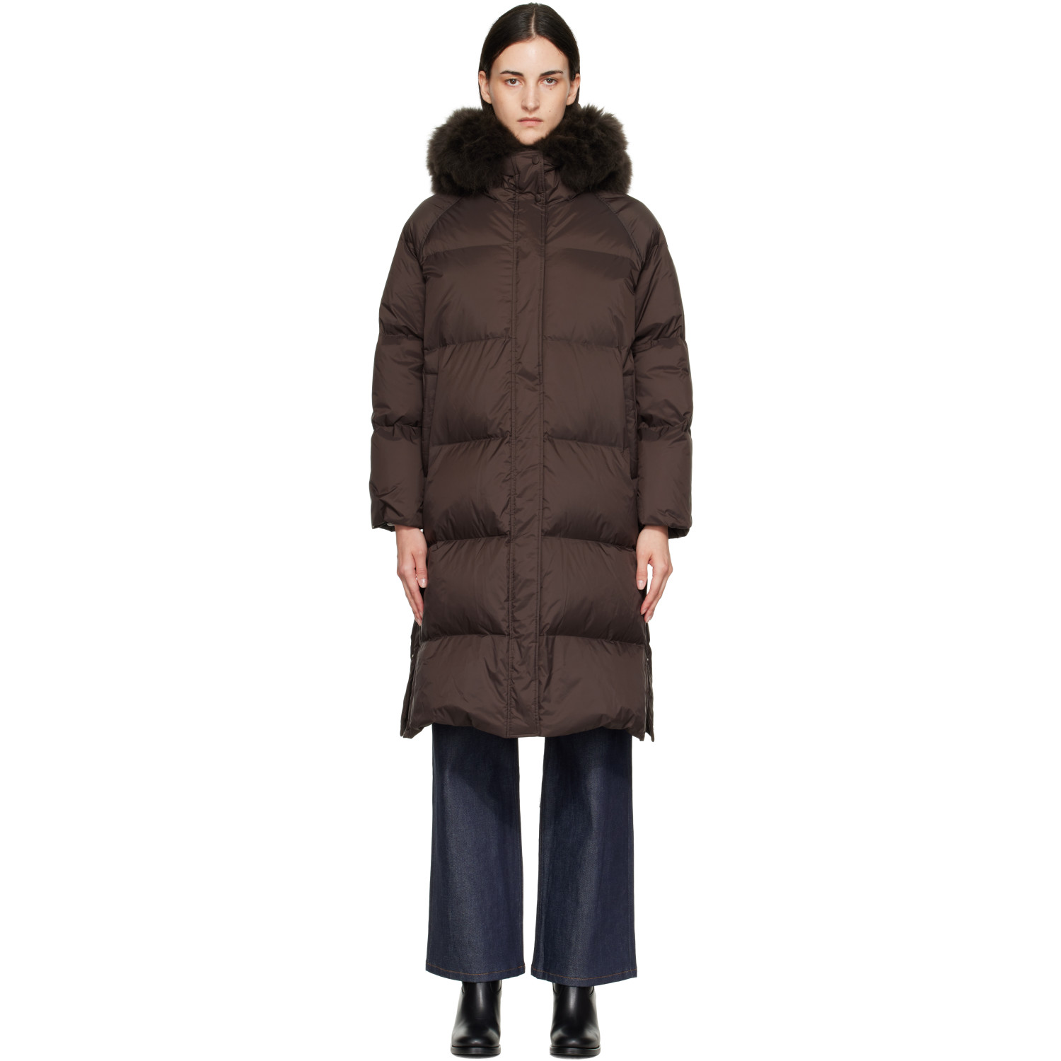 Yves Salomon Brown Waterproof Technical Lambswool Trim Long Down Jacket