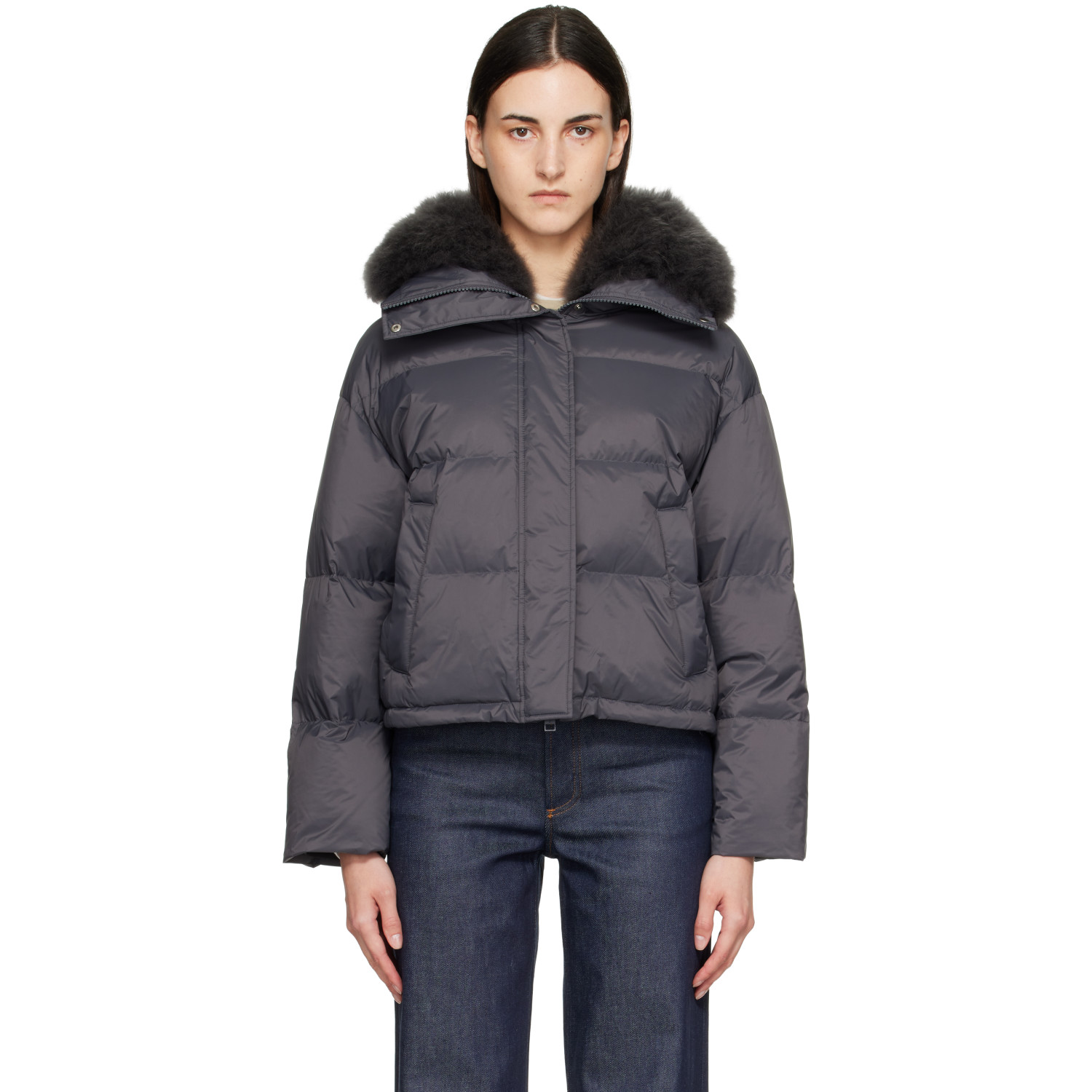 Yves Salomon Gray Waterproof Technical Lambswool Trim Short Down Jacket