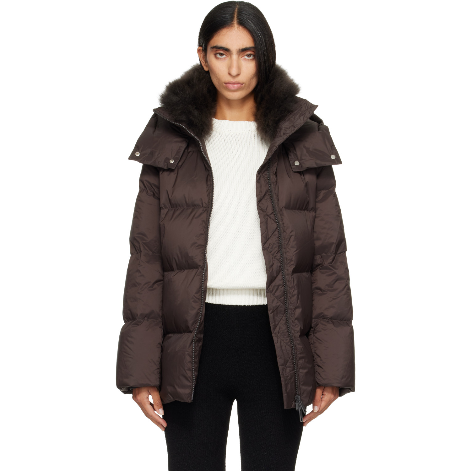 Yves Salomon Brown Waterproof Technical Lambswool Trim A-Line Down Jacket