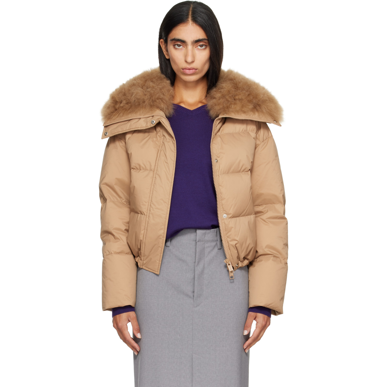 Yves Salomon Beige Waterproof Technical Lambswool Trim Short Down Jacket