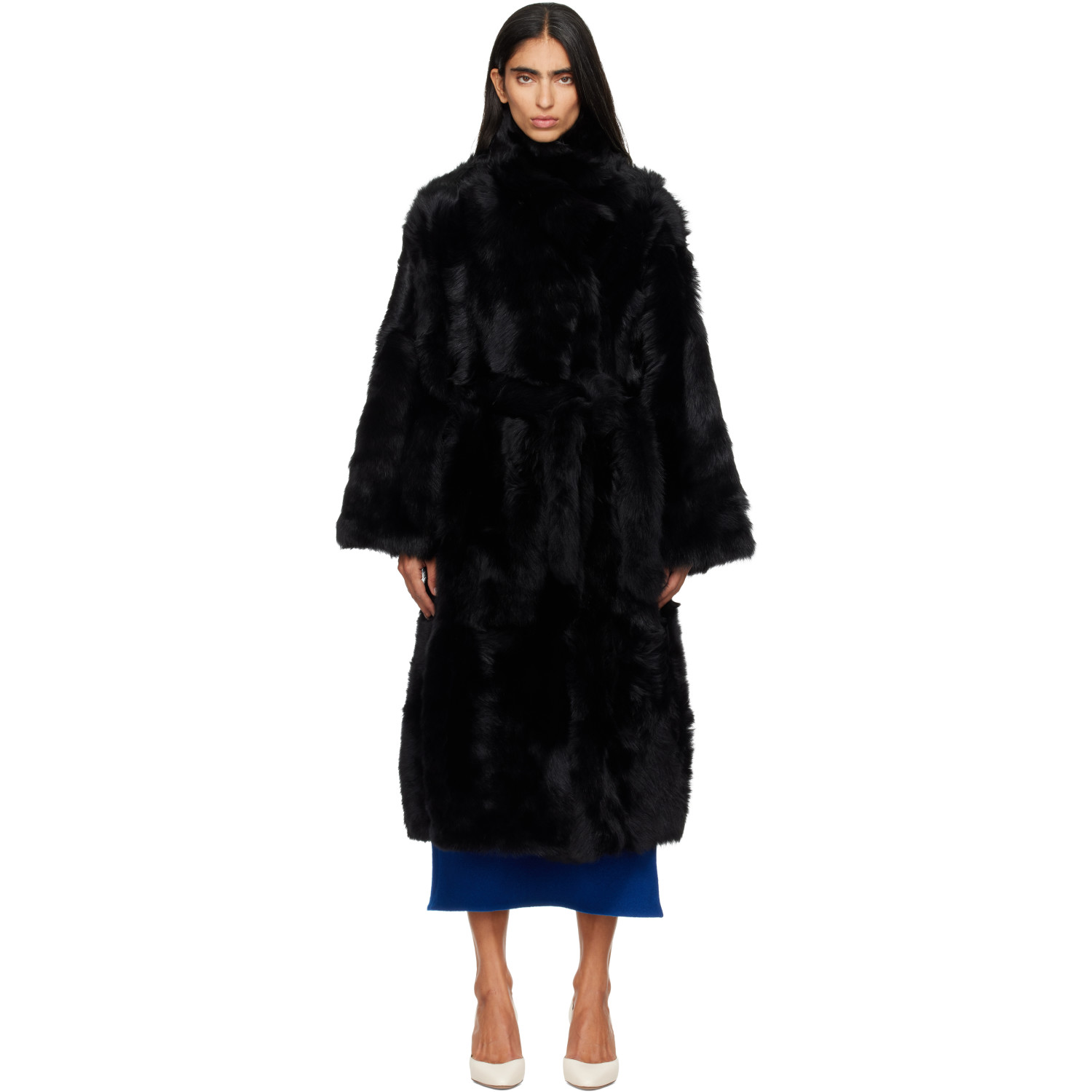 Yves Salomon Black Belted Faux-Fur Coat
