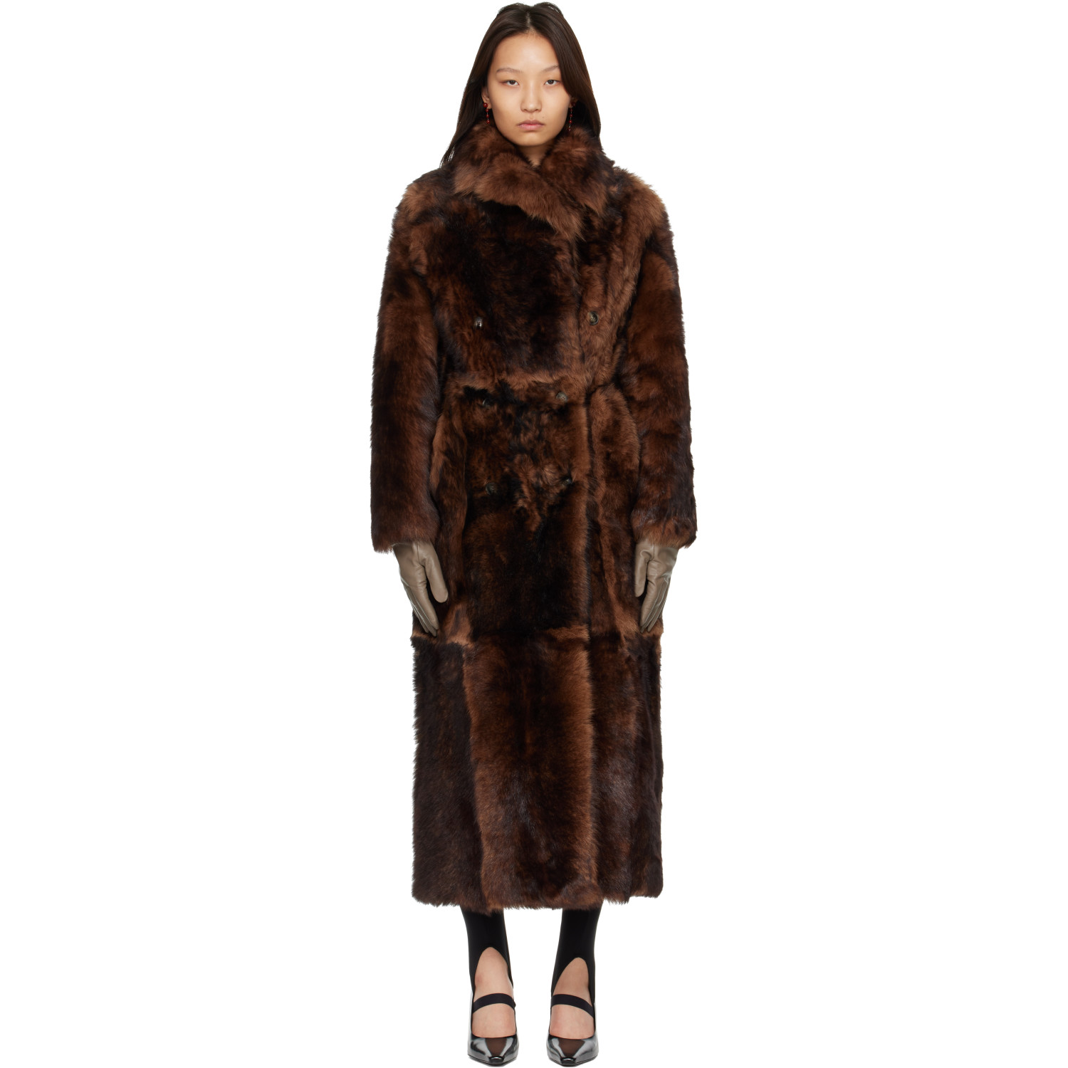 Yves Salomon Brown Long Fur-Effect Lamb Shearling Coat