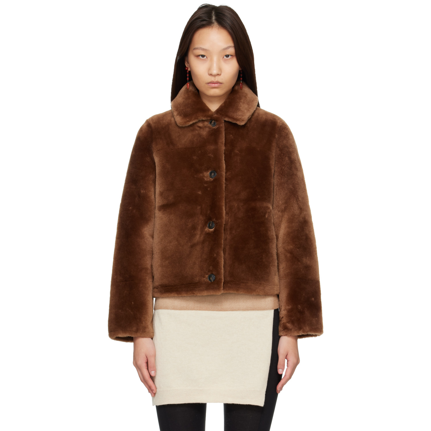 Yves Salomon Brown Shearling Merino Short Jacket
