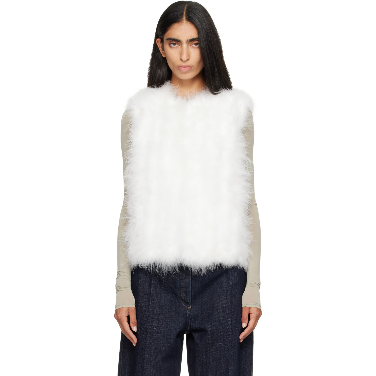 Yves Salomon White Cropped Feather Gilet Vest