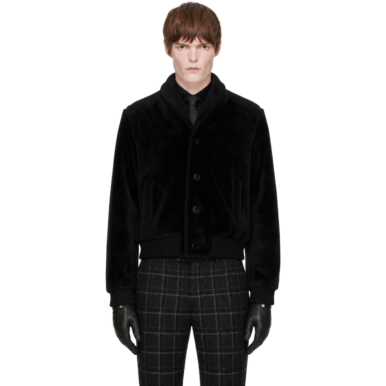 Ernest W. Baker Black Shawl Collar Shearling Bomber Jacket