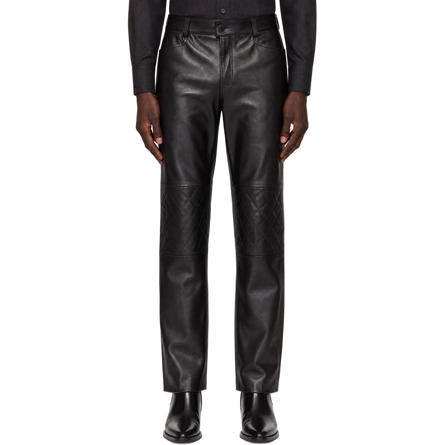 Ernest W. Baker Black Quilted Knee Leather Trousers