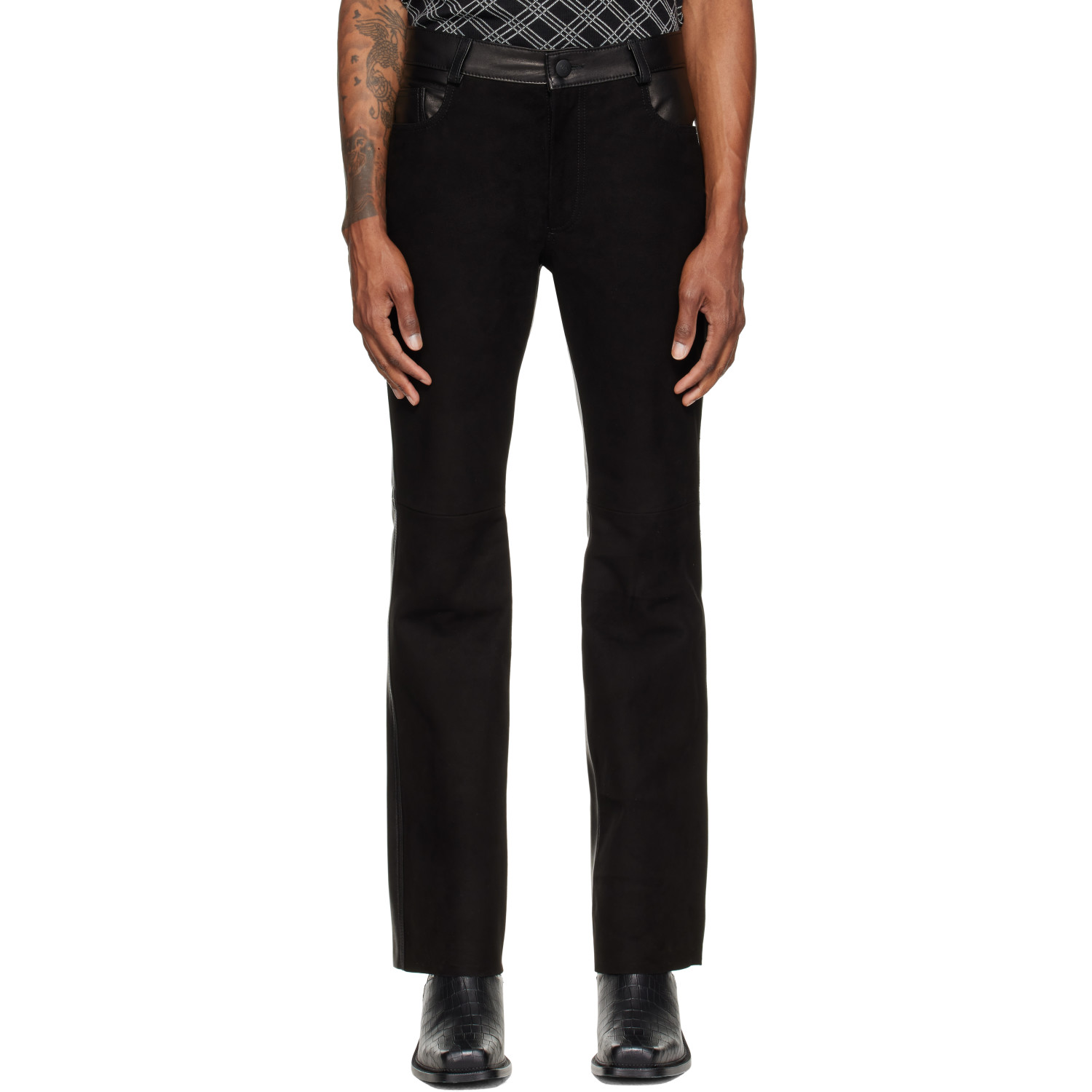 Ernest W. Baker Black Five Pocket Leather & Suede Trousers