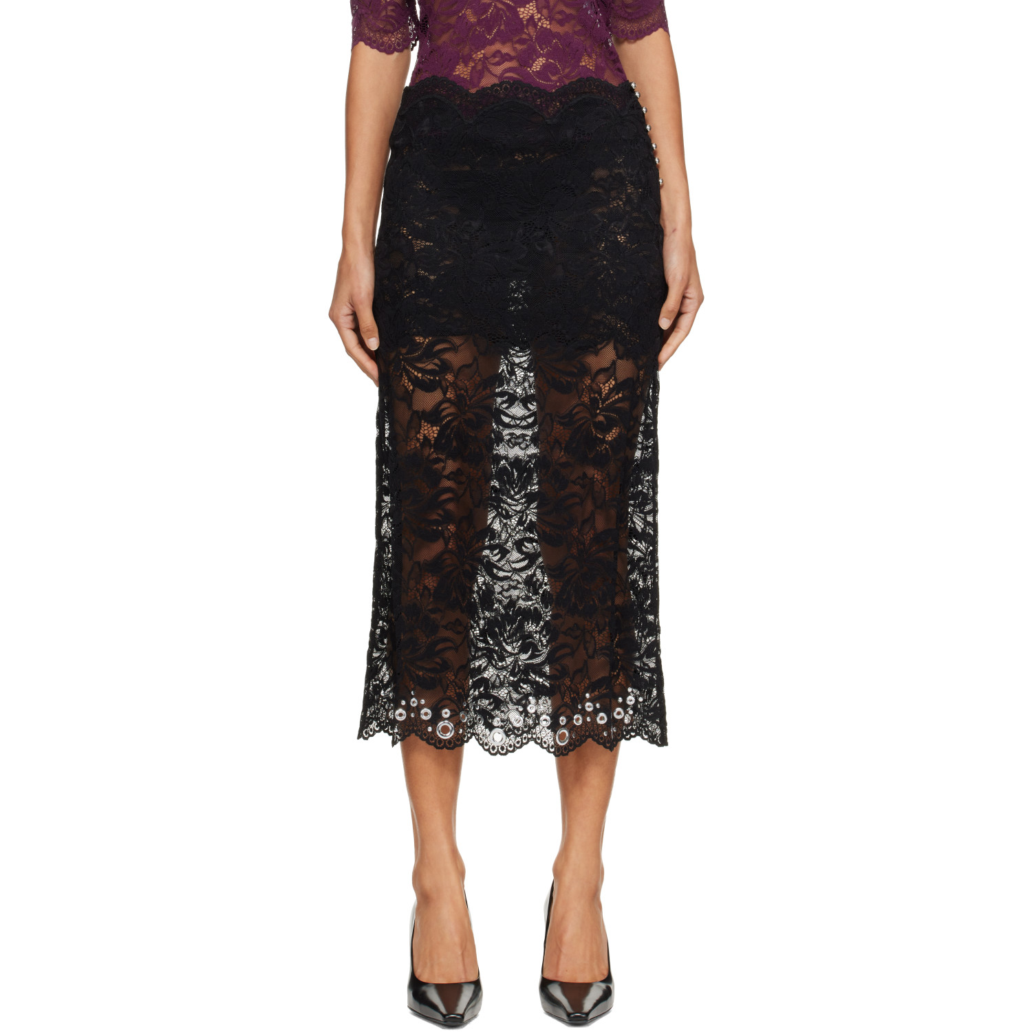 Rabanne Black Layered Lace Midi Skirt