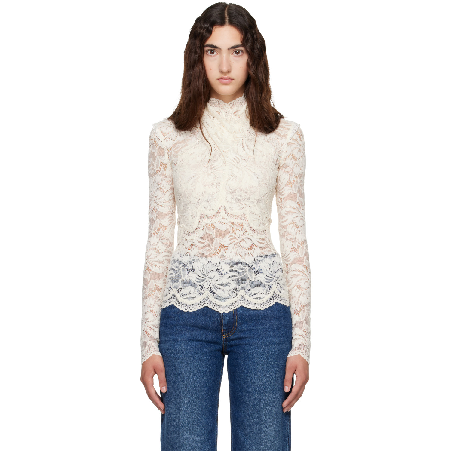 Rabanne Off-White Long Sleeved Lace Cut-Out Blouse